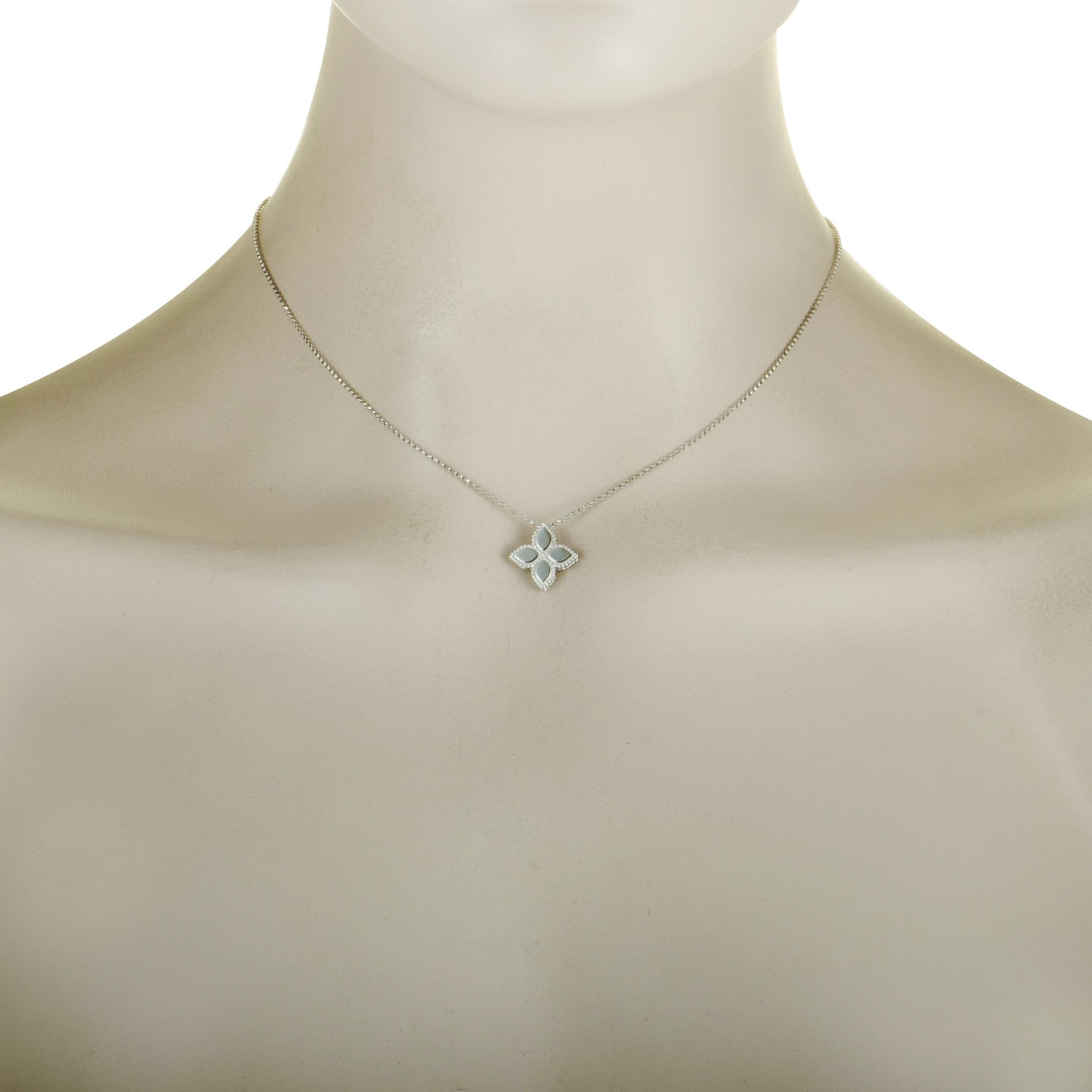 The “Princess Flower” necklace by Roberto Coin is crafted from 18K white gold and weighs 3.7 grams. The necklace is presented with a 16” chain onto which a 0.50” by 0.50” pendant is attached.
 
 This item is offered in brand new condition and