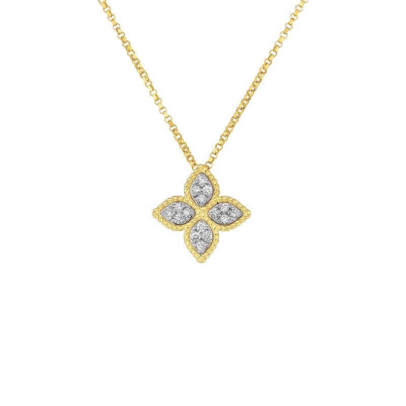 Round Cut Roberto Coin Princess Flower Yellow Gold Diamond Pendent 7771371AJCHX For Sale