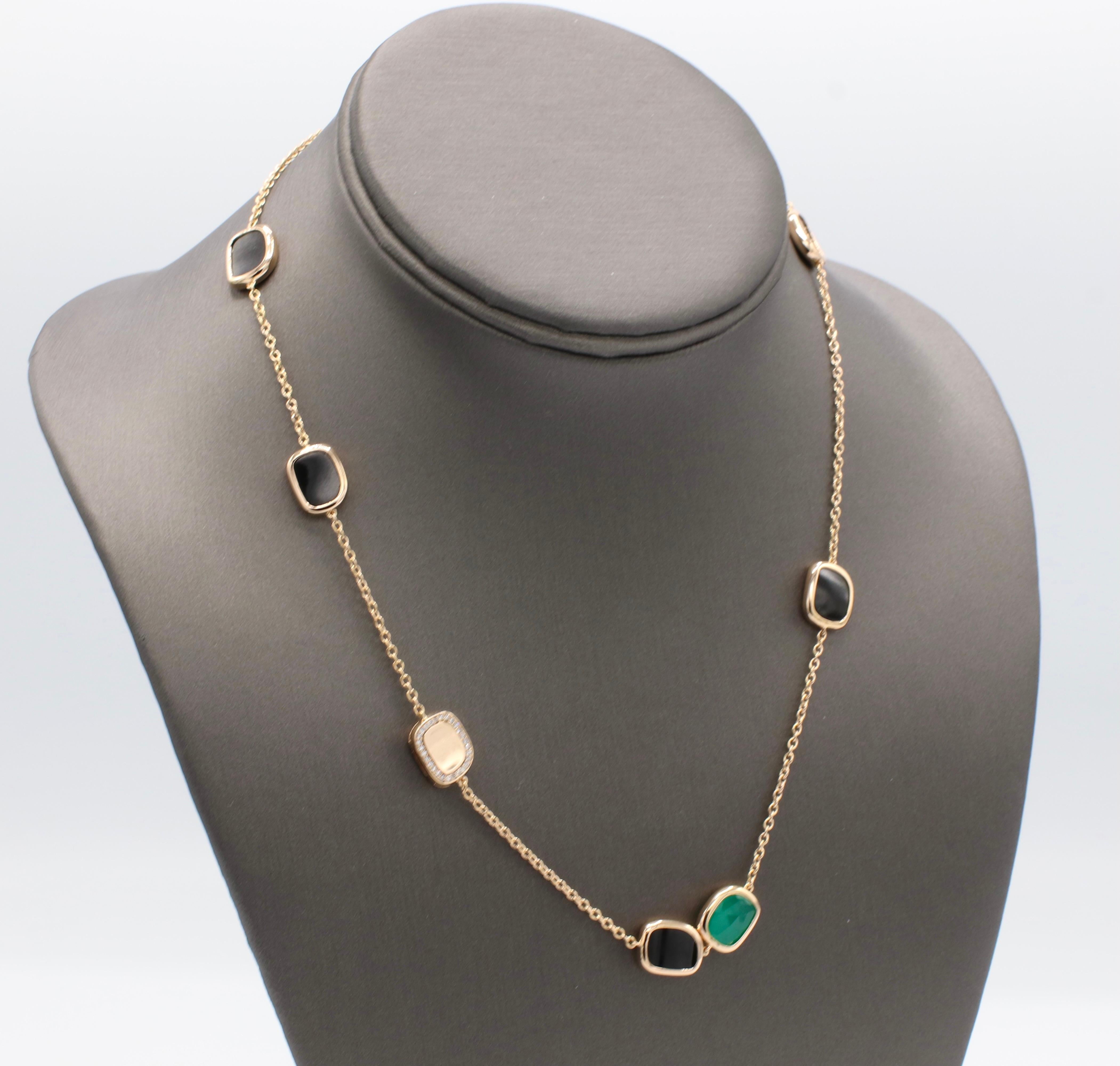 Roberto Coin 18 Karat Rose Gold Black Jade, Green Agate & Diamond Station Necklace 
Metal: 18k rose gold 
Weight: 13.7 grams
Length: 18 inches, can be adjusted to wear at 17 inches 
Diamonds: Approx. .15 CTW G VS
Stations measures 10 x 12mm
