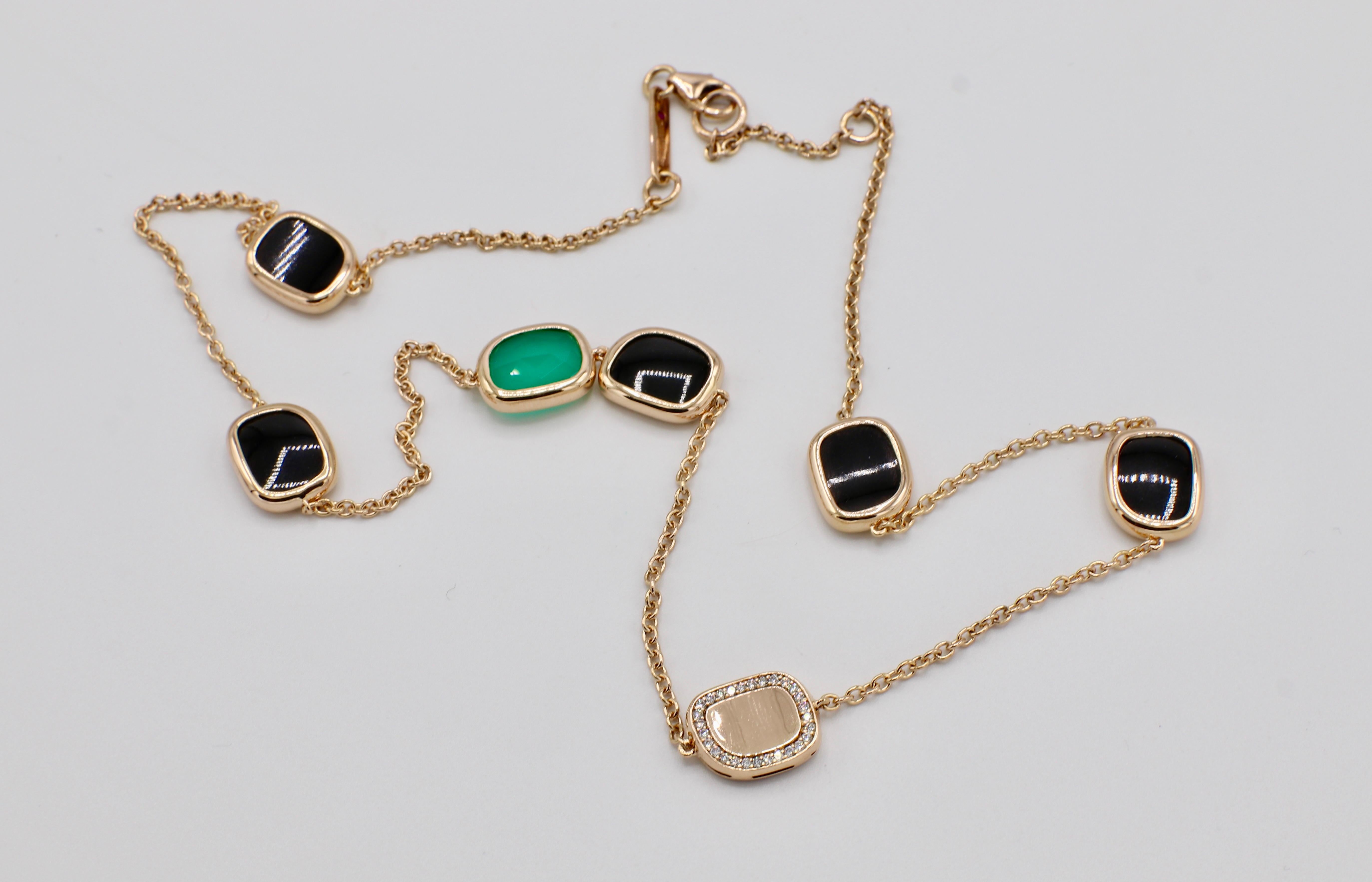 Modern Roberto Coin Rose Gold Black Jade, Green Agate and Diamond Station Necklace