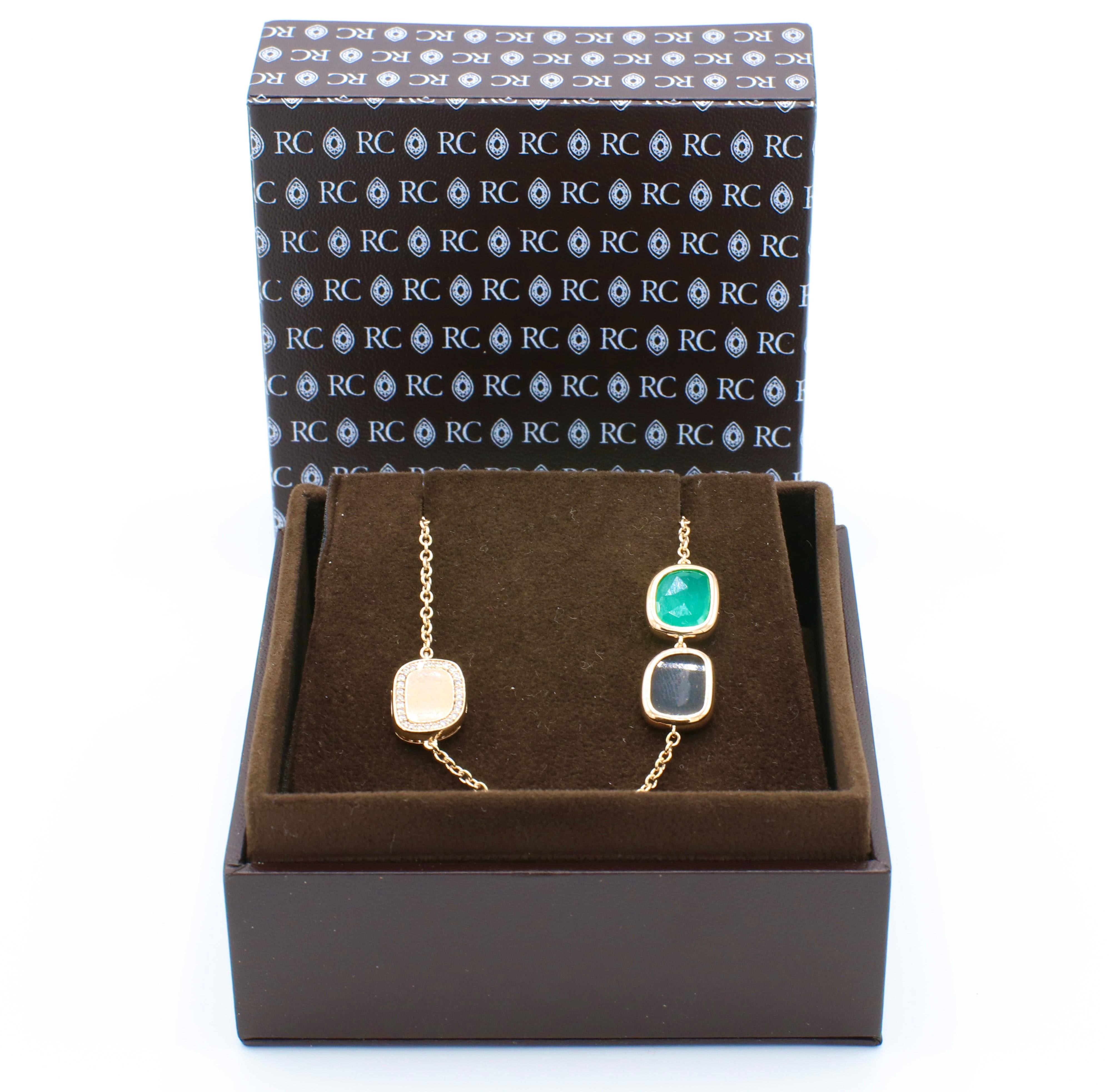 Round Cut Roberto Coin Rose Gold Black Jade, Green Agate and Diamond Station Necklace