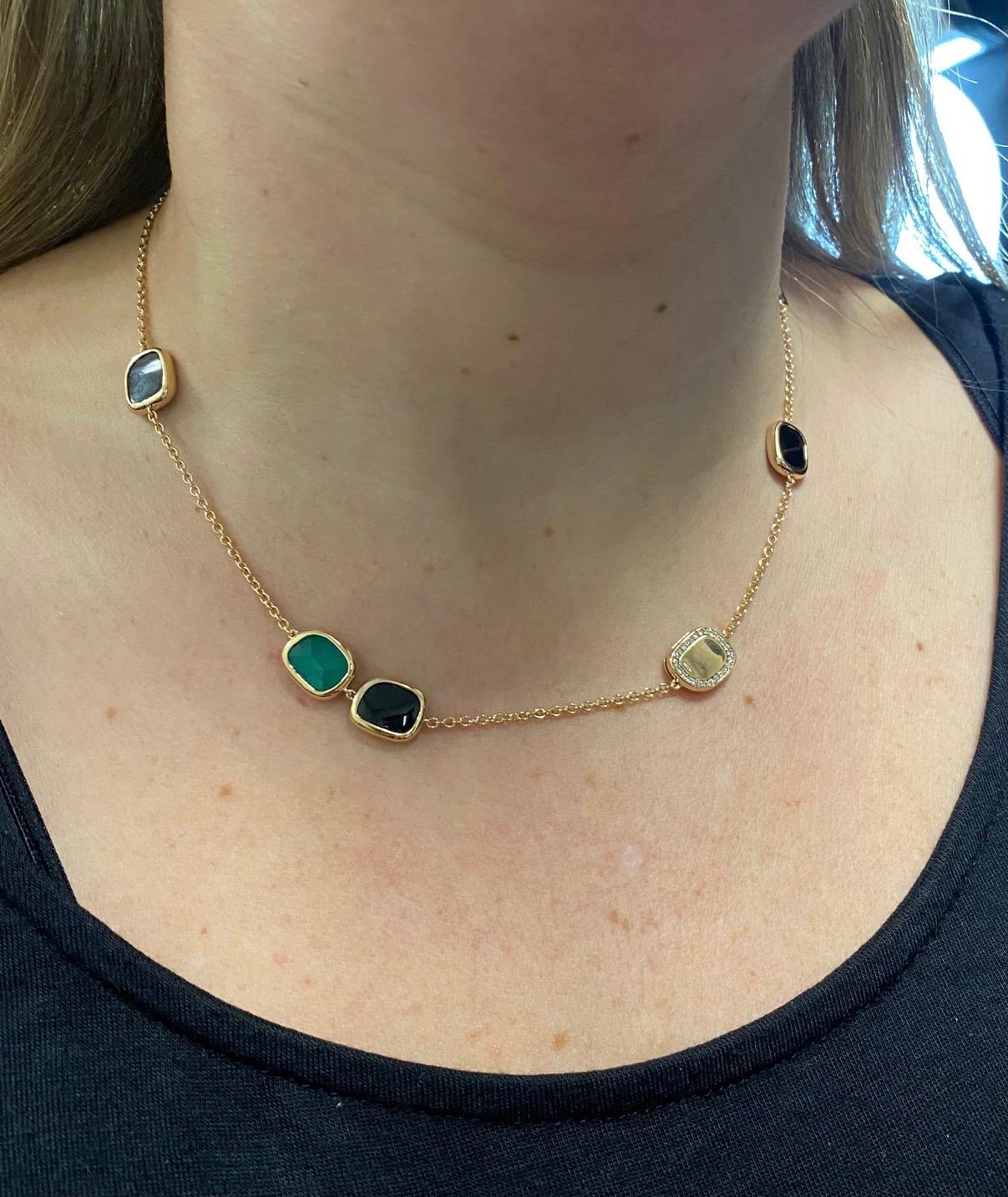 Roberto Coin Rose Gold Black Jade, Green Agate and Diamond Station Necklace In Excellent Condition In  Baltimore, MD