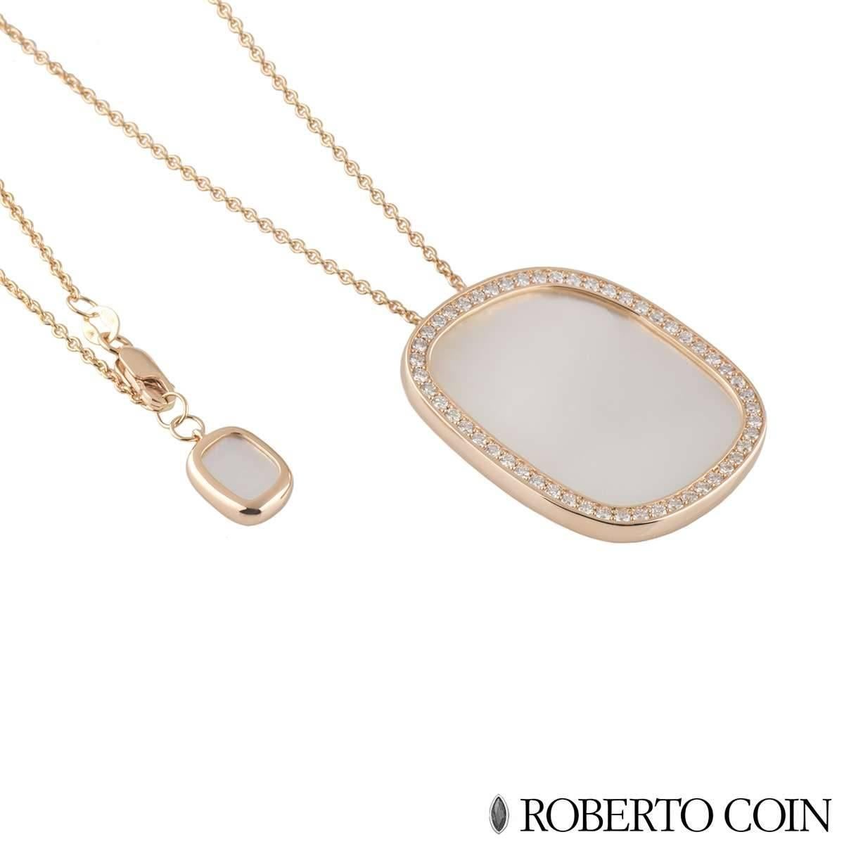 A beautiful 18k rose gold diamond and mother of pearl Roberto Coin pendant from the Coins Classics Black Jade collection. The pendant comprises of an abstract rectangular motif with an inlay of mother of pearl with round brilliant cut diamonds