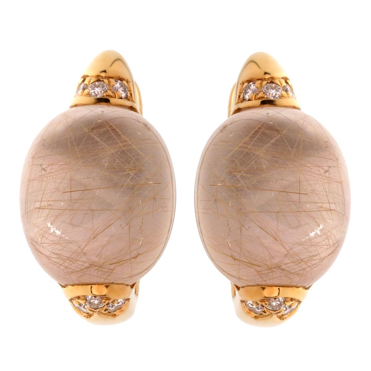 Roberto Coin Rutilated Pink Quartz Diamond Gold Earrings In Good Condition In Feasterville, PA