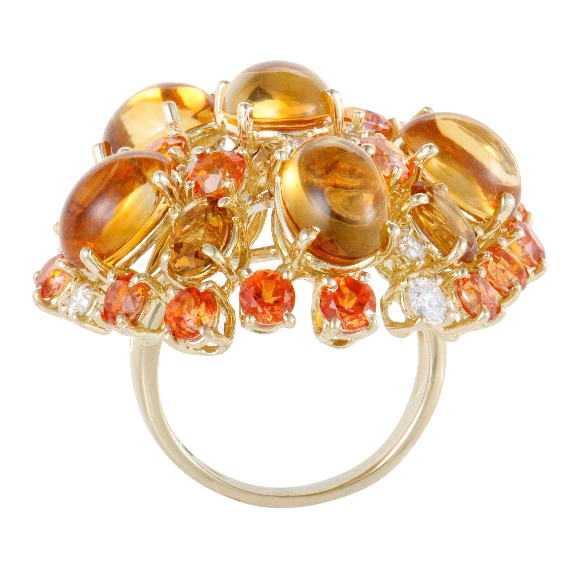 Adorned with a fine selection of gems that perfectly match the prestigious radiance of 18K yellow gold, this amazing ring from Roberto Coin boasts glistening diamonds totaling 0.55ct, orange topaz stones amounting to 6.70 carats and gorgeous yellow