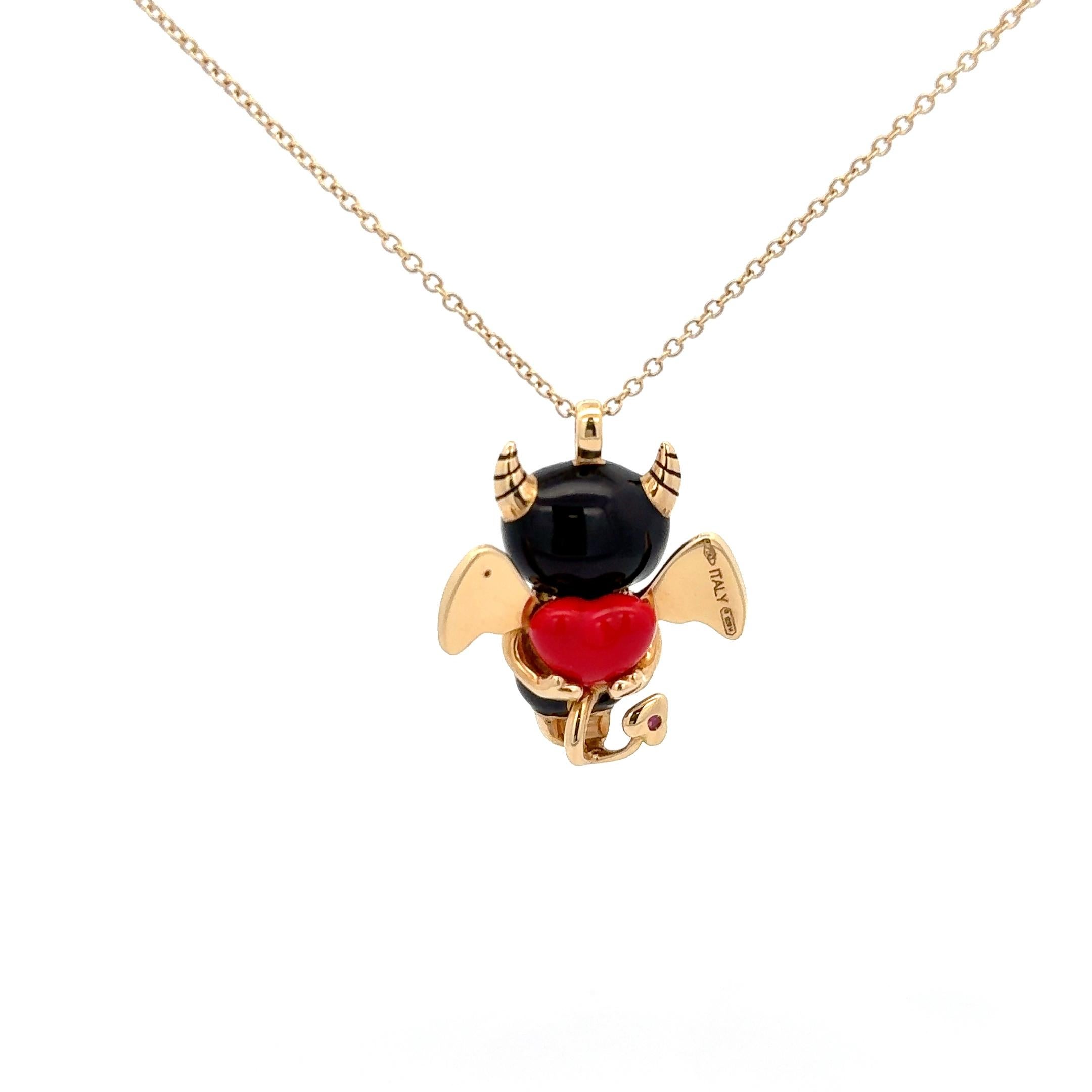 Roberto Coin She-Devil Diamond Pendant Necklace in 18K Yellow Gold. The pendant features white and cognac diamonds, accented by black and red enamel. The pendant approximately measures 1.25 x 1 inch, and has a total weight off 16 grams. Length of