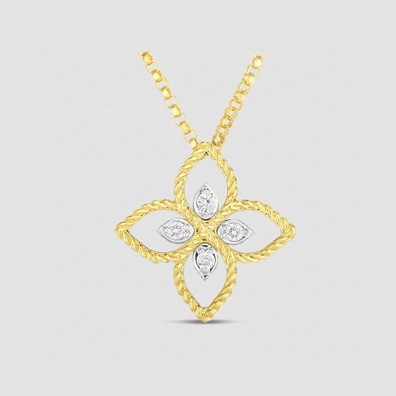 18k Yellow Gold Principessa Small Flower Pendent with Diamonds
Diamonds 0.04 total weight 
Flower Measure 15mm x 15mm 
Chain 17