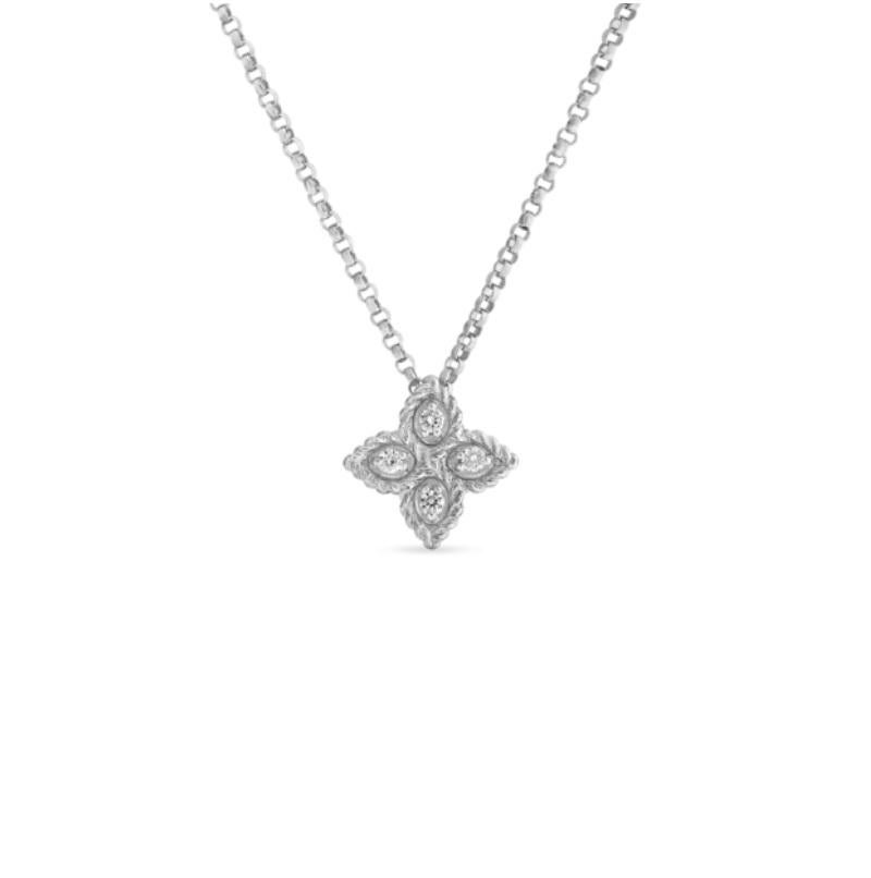 Roberto Coin Small Princess Flower Diamond Necklace in 18k White Gold. 
Diamonds:-0.04 total carat weight 
7771370AWCHX
