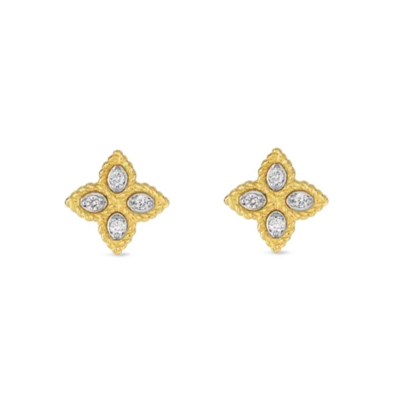 Roberto Coin Small Princess Flower Diamond Stud Earring in 18k White & Yellow Gold. 
Diamonds:-0.10 total carat weight 
Post back 
7771383AJERX
