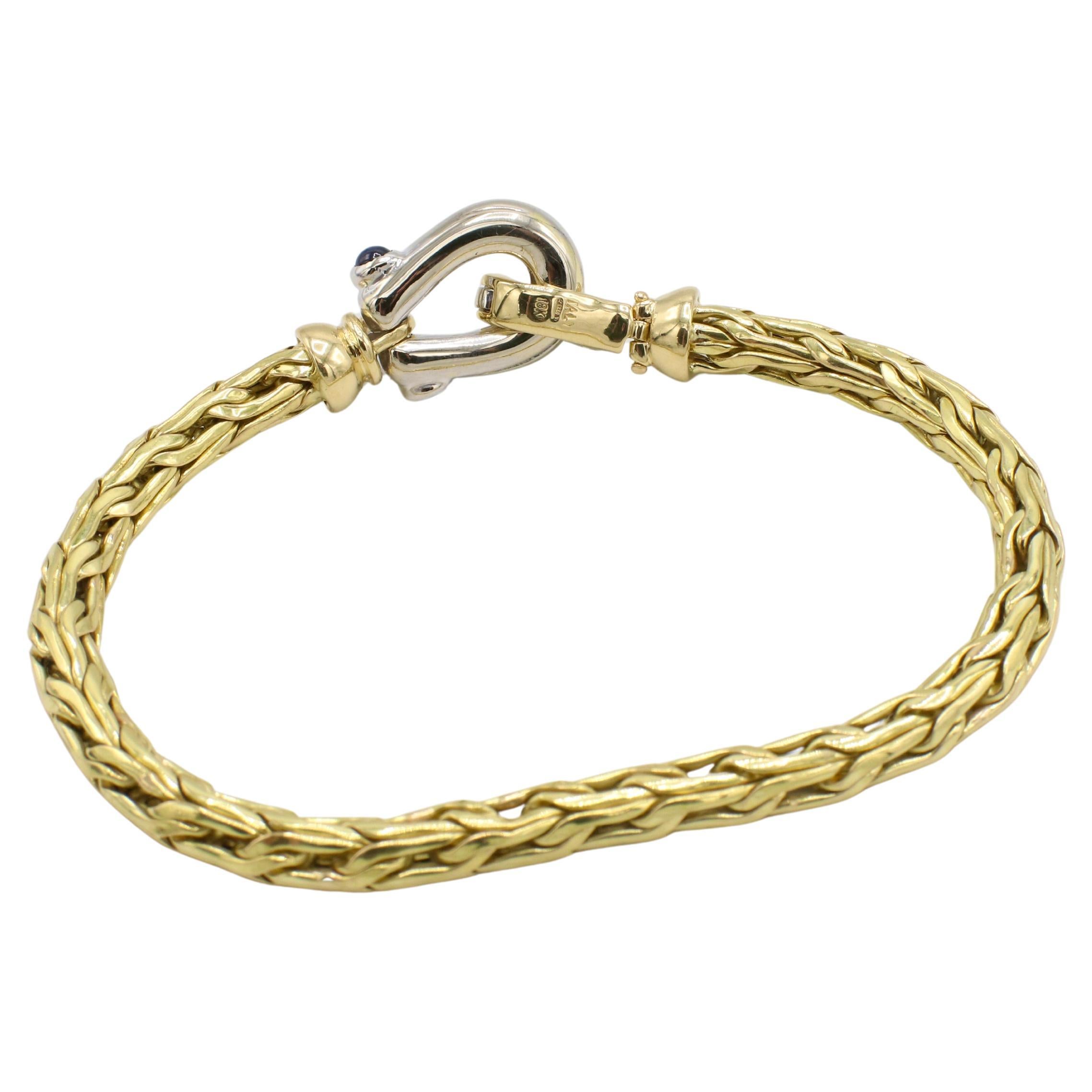 Modern Roberto Coin Spiga 18 Karat Yellow Gold Woven Link Blue Sapphire Buckle Bracelet
