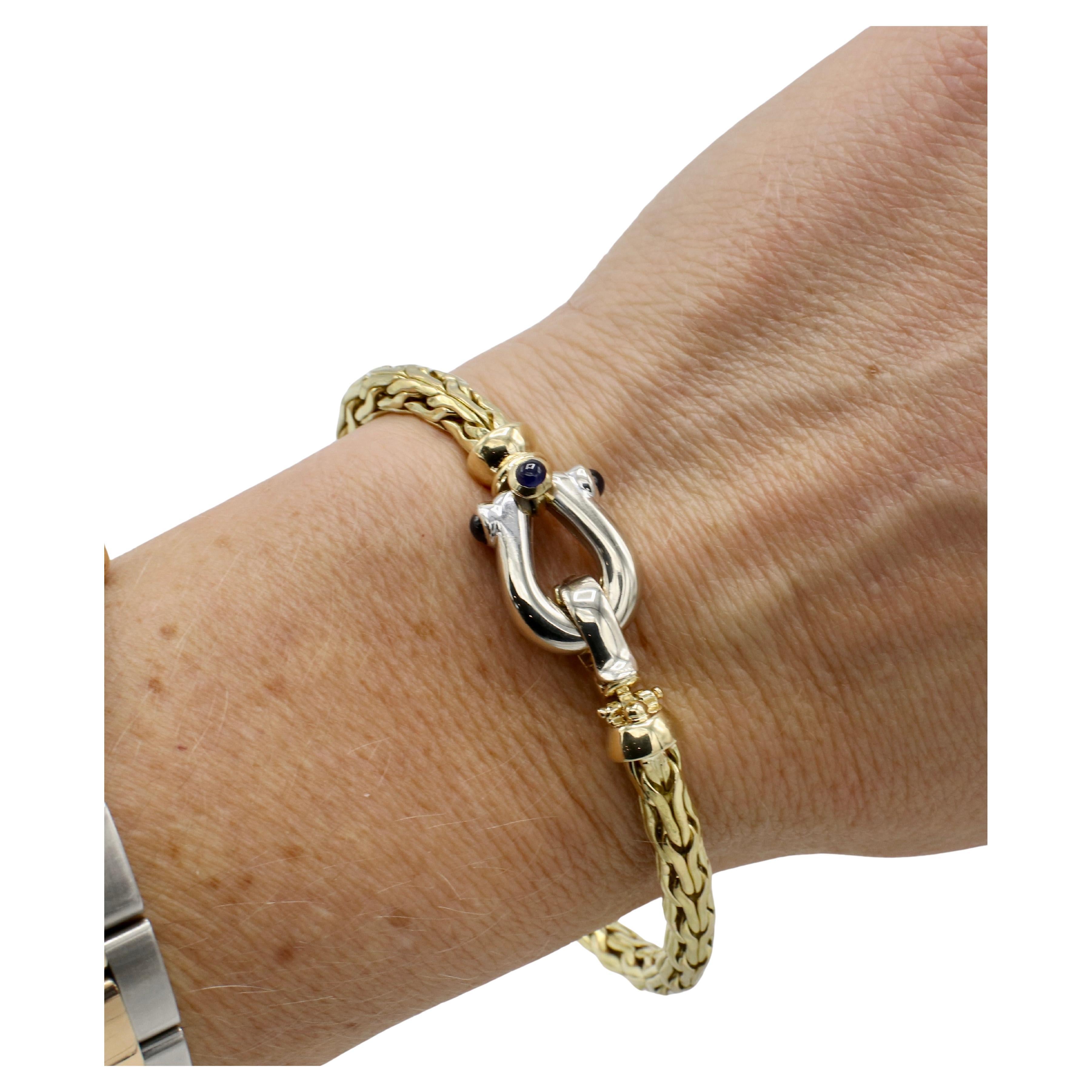 Cabochon Roberto Coin Spiga 18 Karat Yellow Gold Woven Link Blue Sapphire Buckle Bracelet