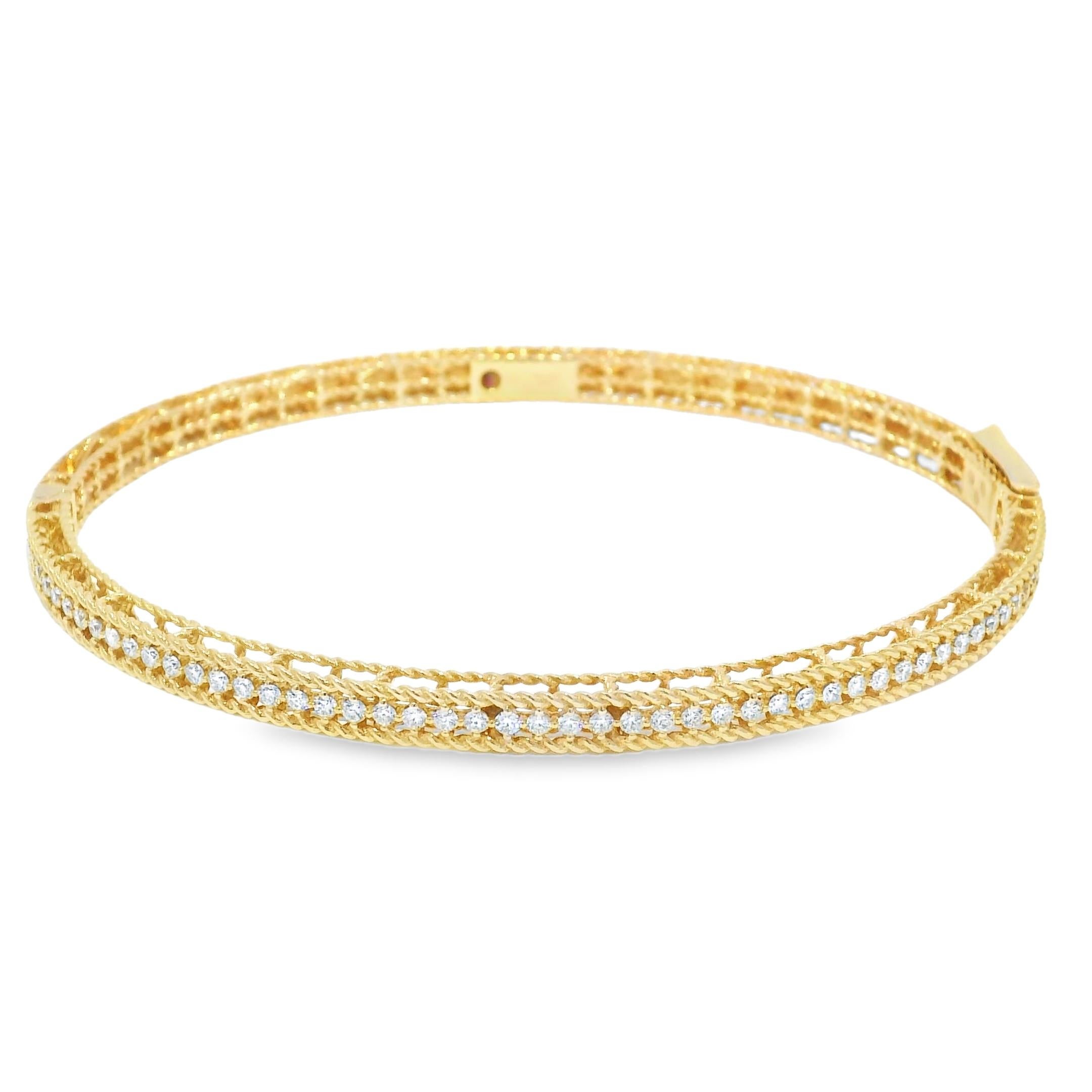 Roberto Coin Bracelet à charnière en or rose 18k Symphony Princess Diamond

Réalisé en or rose 18 carats, ce bracelet est orné de magnifiques diamants quasi incolores et d'un fermoir à charnière. Il s'agit d'une autre pièce de créateur unique