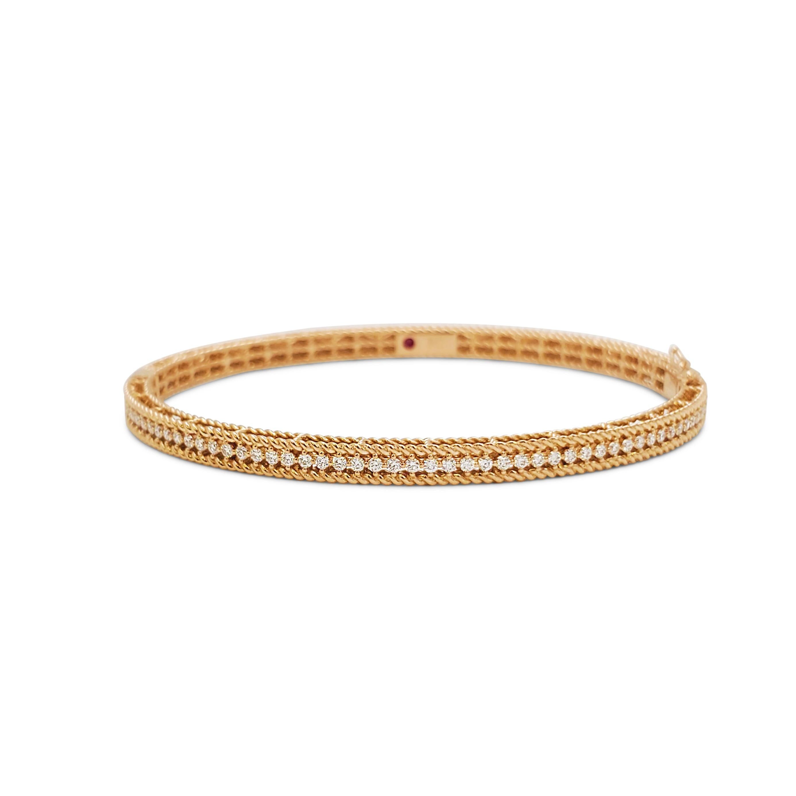 Authentic Roberto Coin Symphony Princess Rose Gold bracelet crafted in 18 karat rose gold.  One half of the bracelet is smooth high polished gold while the other half features an estimated .61 total carats of glittering round brilliant diamonds set
