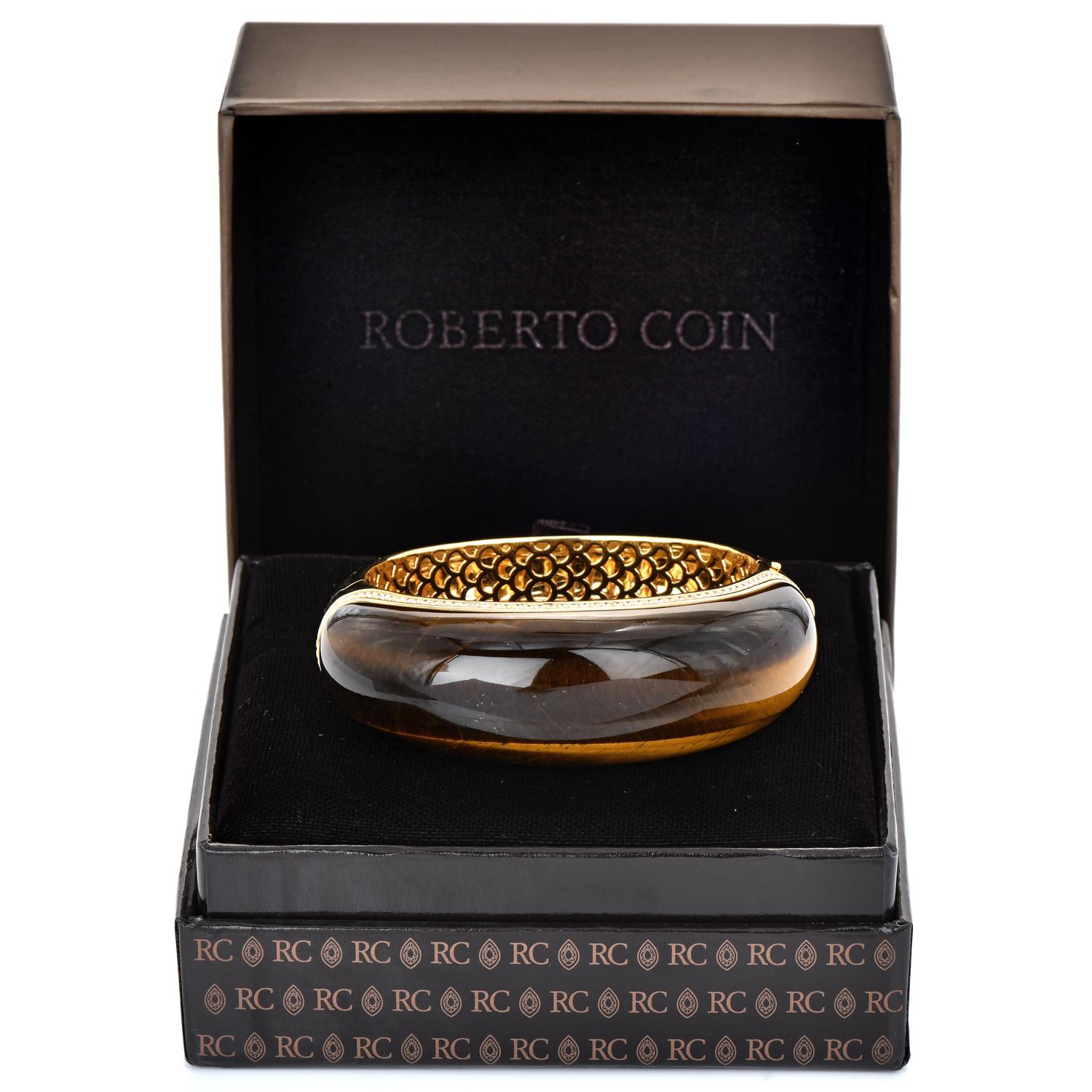 Roberto Coin Tiger's Eye Diamond 18K Yellow Gold Large Bangle Bracelet For Sale 4