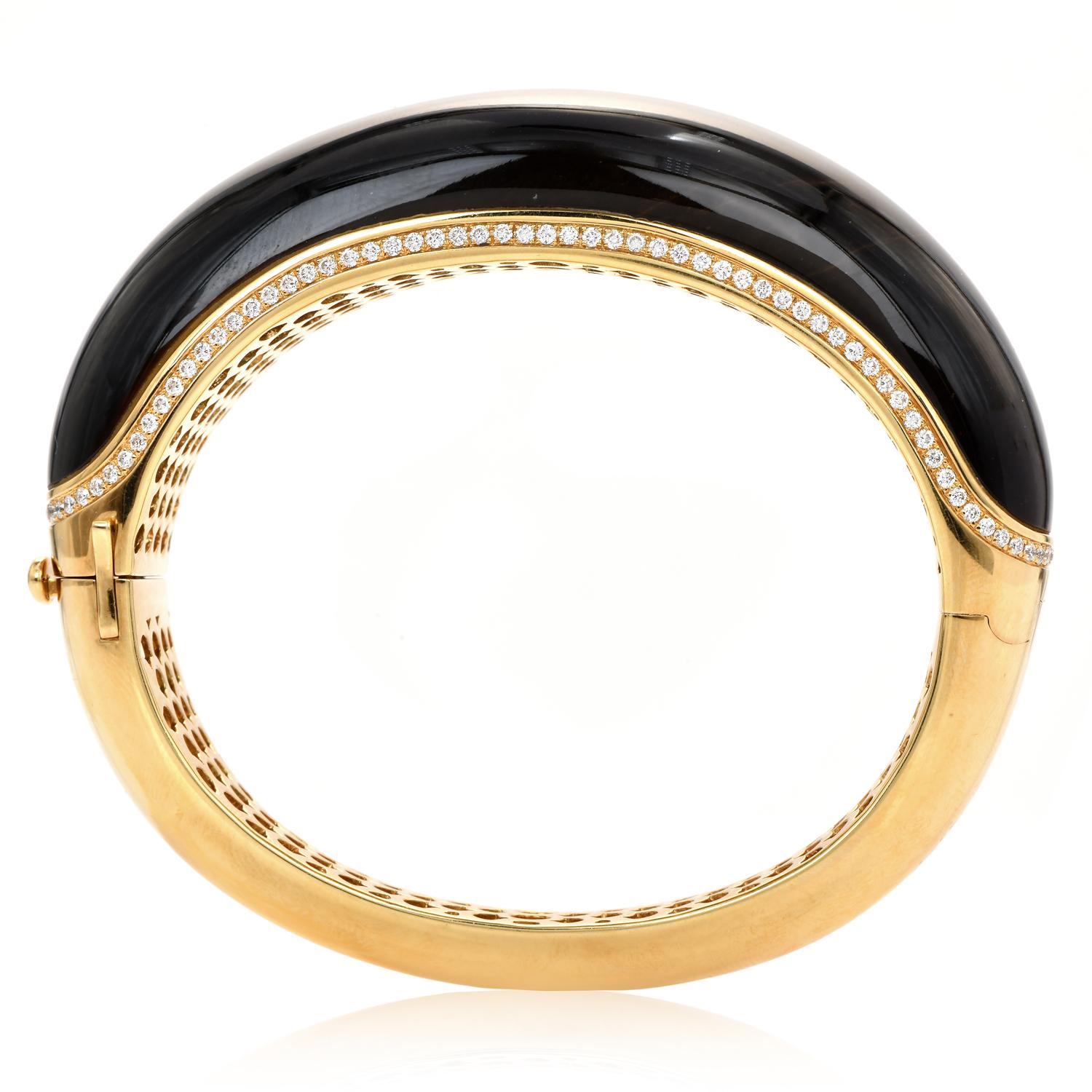 Round Cut Roberto Coin Tiger's Eye Diamond 18K Yellow Gold Large Bangle Bracelet For Sale