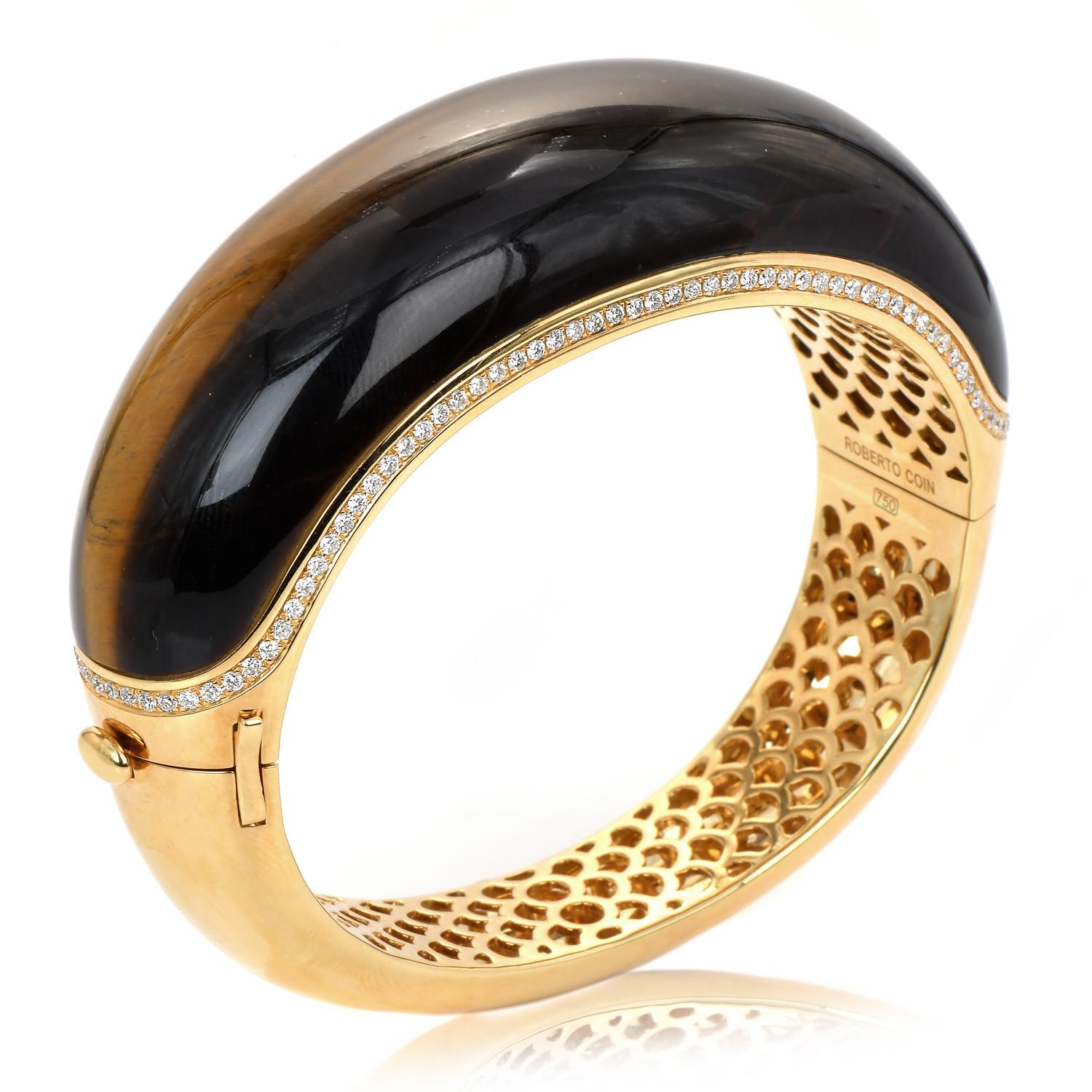 Roberto Coin Tiger's Eye Diamond 18K Yellow Gold Large Bangle Bracelet In Excellent Condition For Sale In Miami, FL