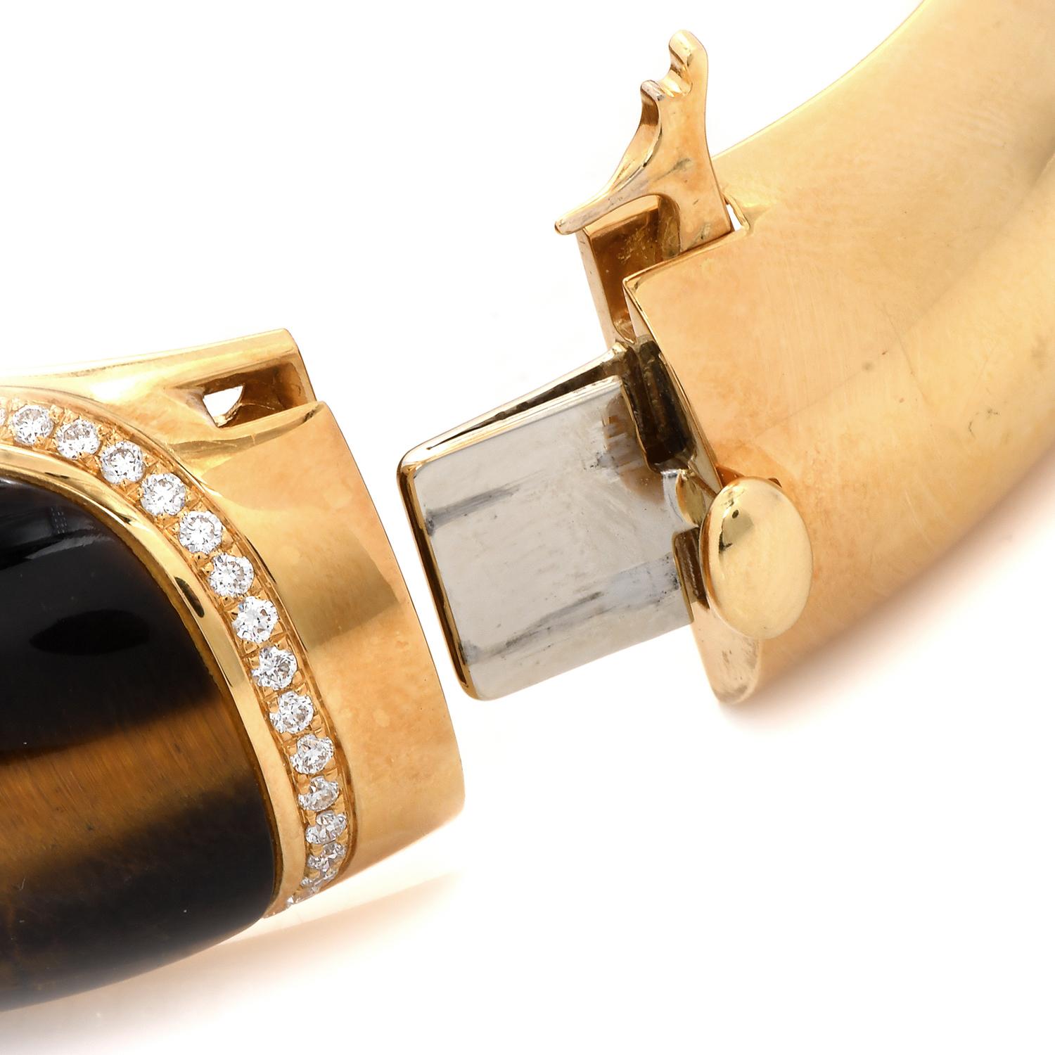 Roberto Coin Tiger's Eye Diamond 18K Yellow Gold Large Bangle Bracelet For Sale 1