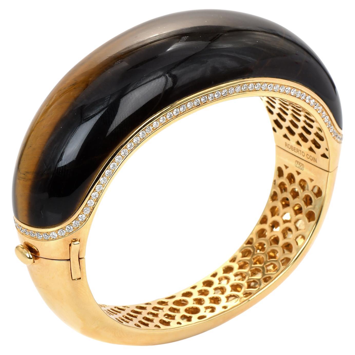 Roberto Coin Tiger's Eye Diamond 18K Yellow Gold Large Bangle Bracelet For Sale