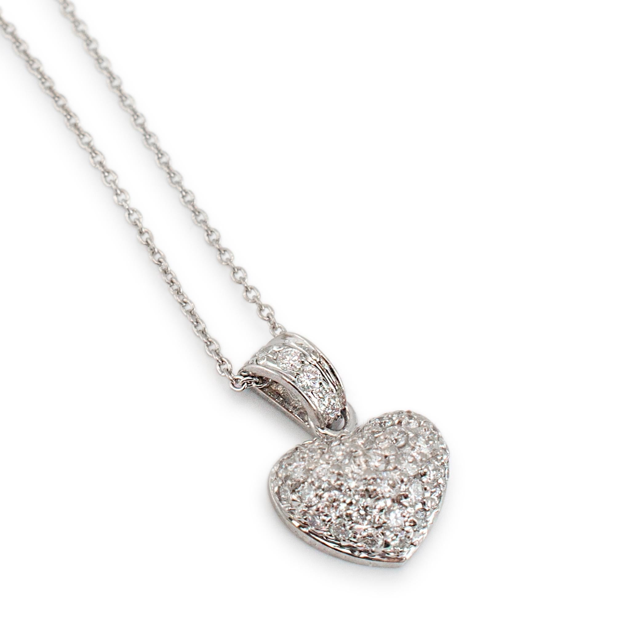 Round Cut Roberto Coin Tiny Treasures 18K White Gold Diamond Puffed Heart Pendant Necklace