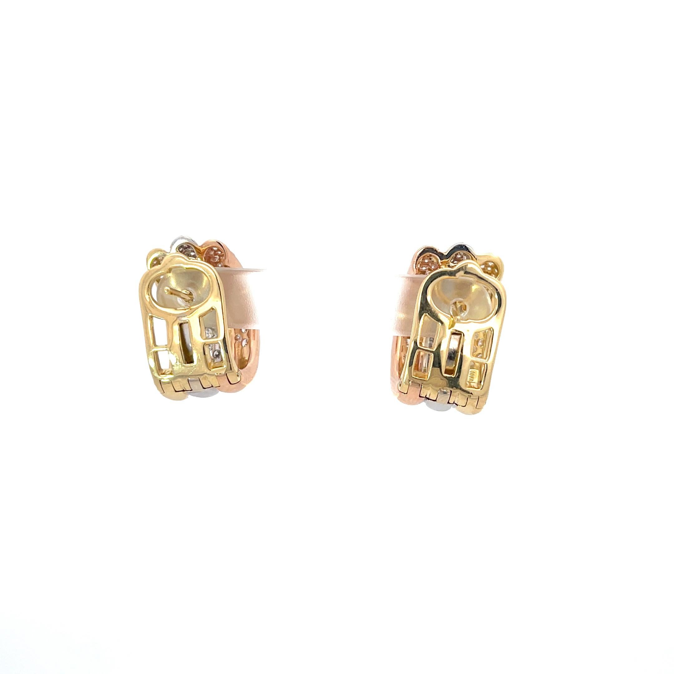 Contemporain Roberto Coin Boucles d'oreilles triple rangée de diamants en or rose/blanc/jaune 18 carats en vente
