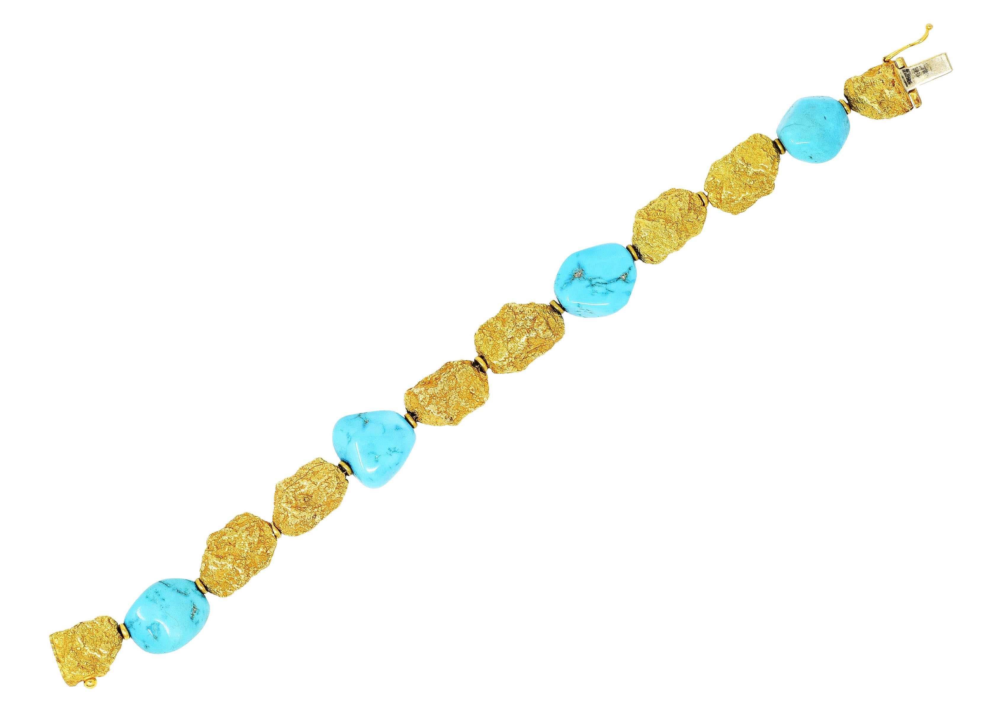  Bracelet designed with alternating beads and gold jump ring spacers

Featuring turquoise beads of varying shape and size 

Turquoise ranges in color from blueish green to robin's egg blue with recessed tan matrix 

Alternating with deeply textured