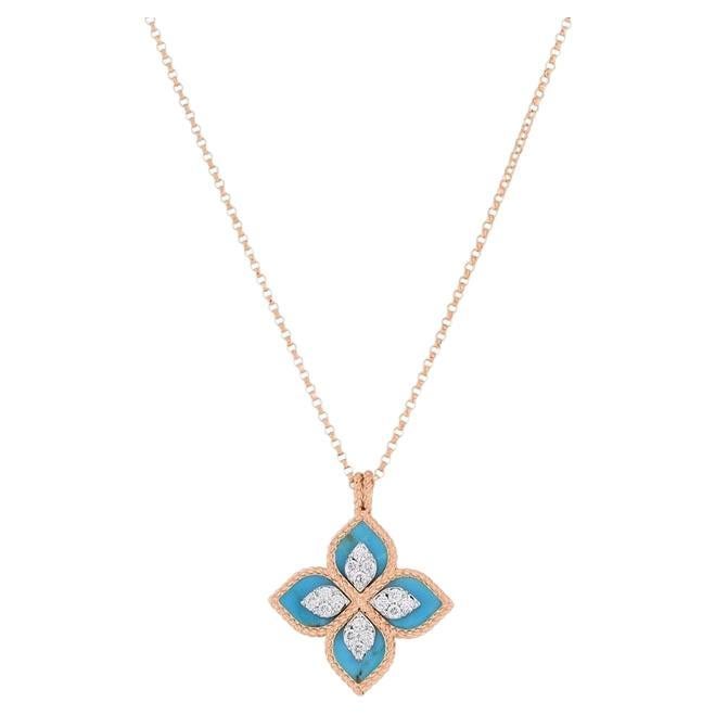 Roberto Coin Venetian Princess Flower Turquoise Diamond Necklace 8882784AH18XT For Sale