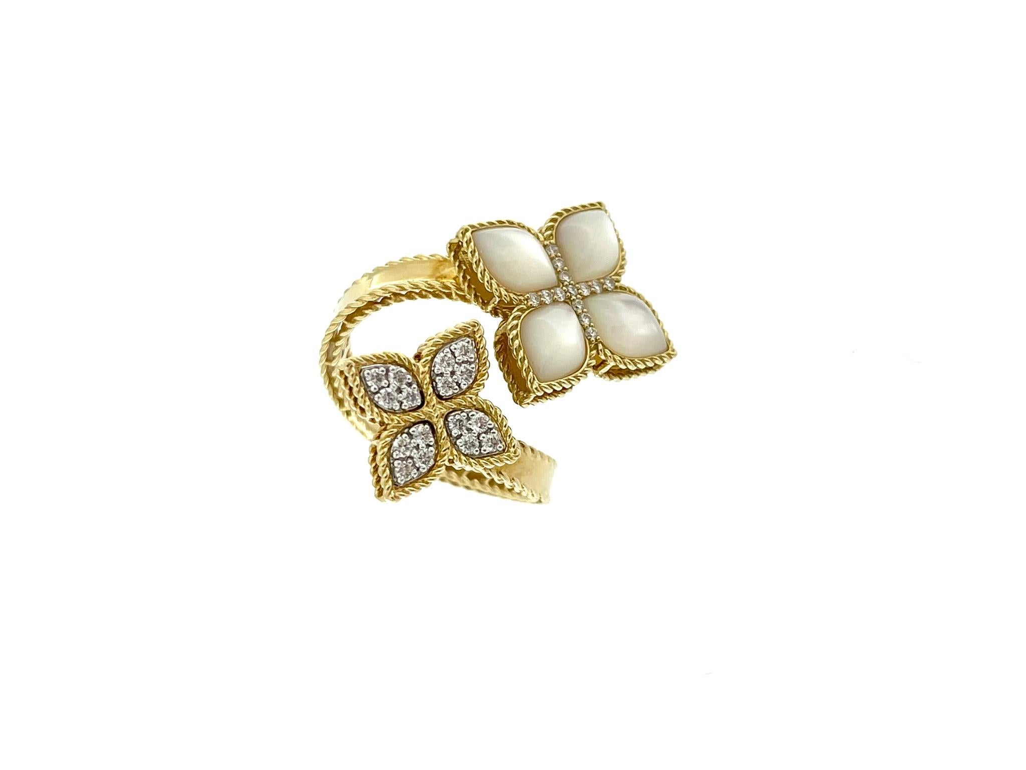 The Roberto Coin Venetian Princess Mother of Pearl and Diamonds Bypass Ring is a luxurious and enchanting piece of jewelry that combines exquisite craftsmanship with elegant design. This bypass ring features two central elements crafted with Mother