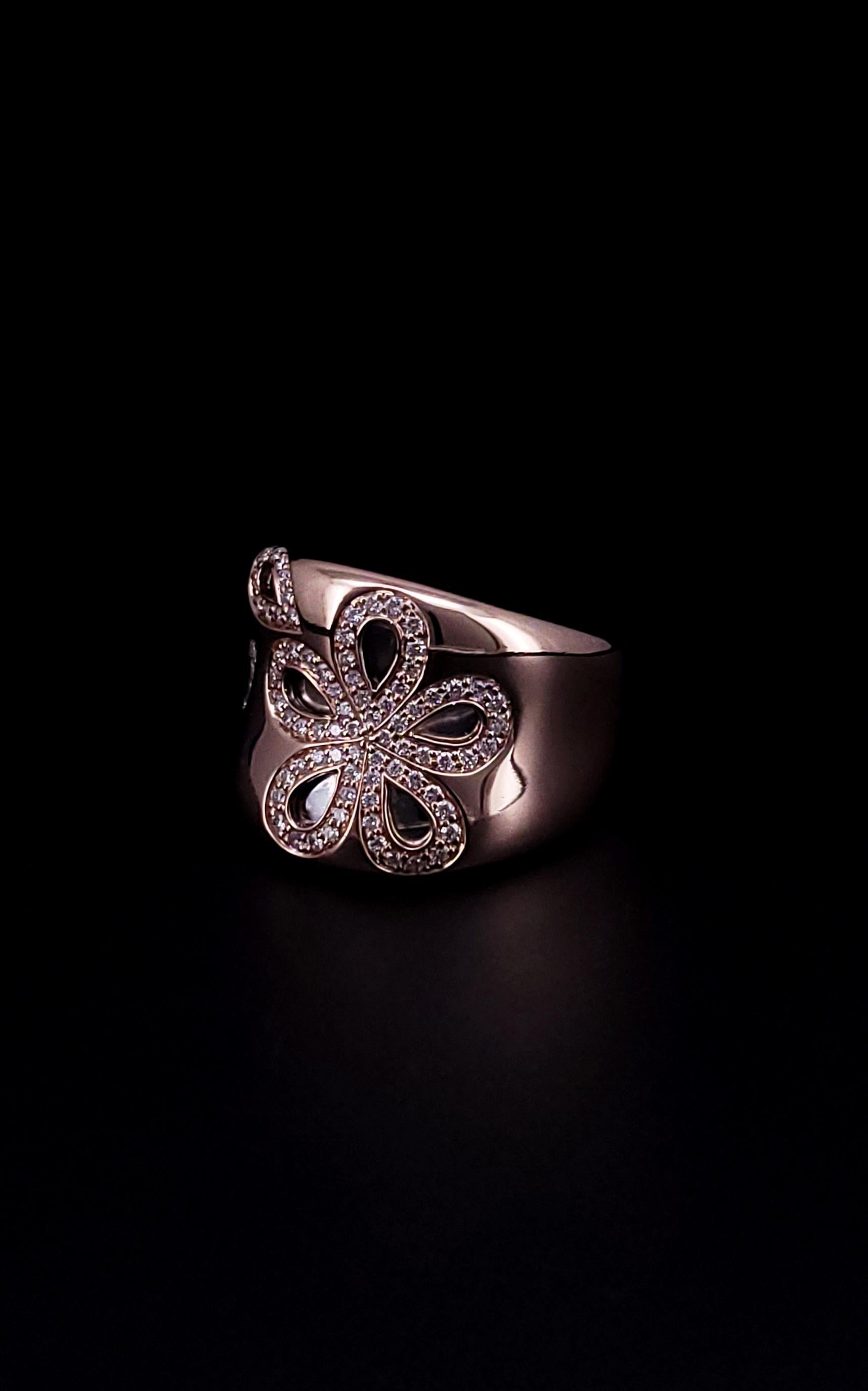 Roberto Coin Anillo de oro rosa de 18 quilates con banda metálica vintage Fantasia Diamond Daisy Corte redondo en venta