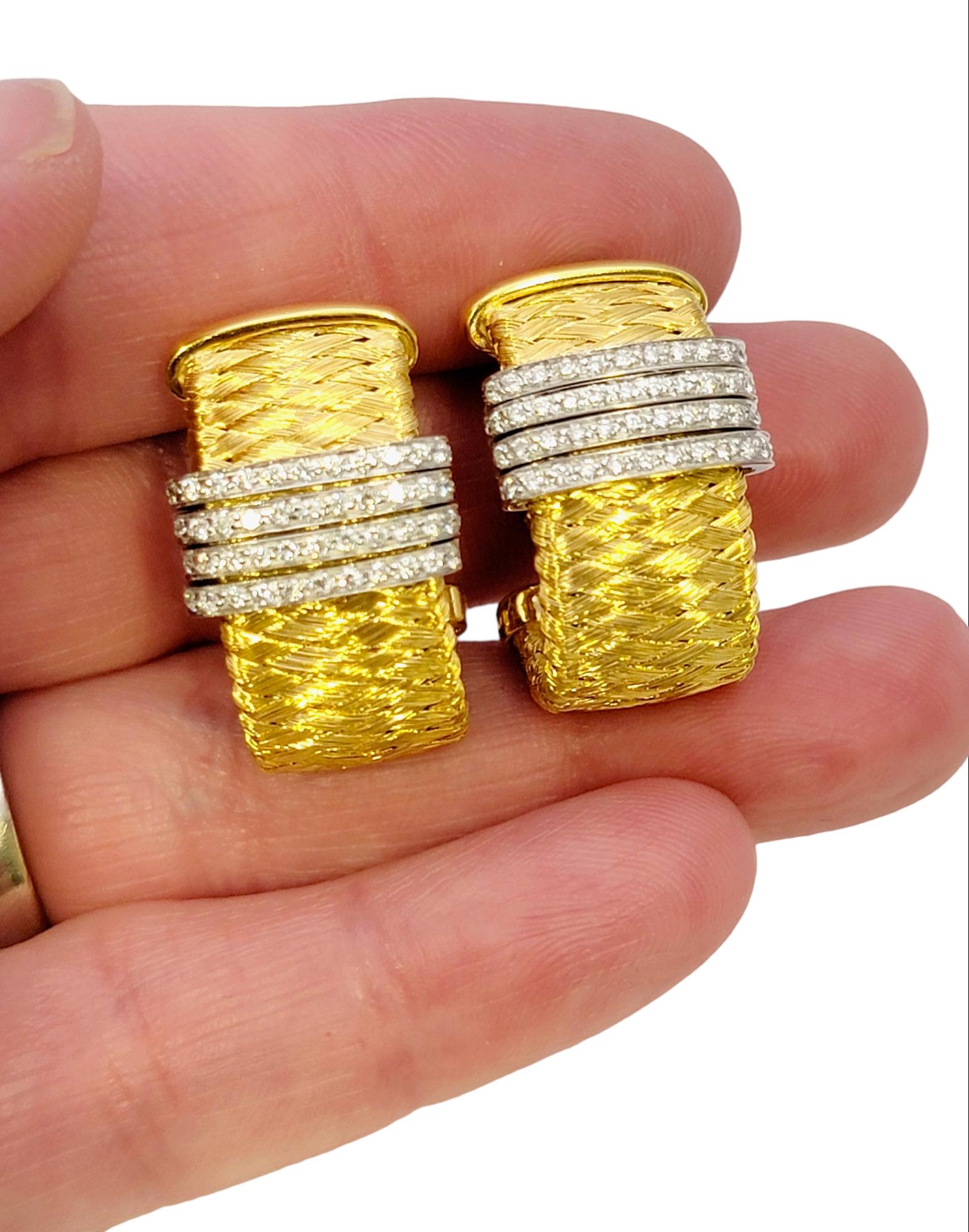 Roberto Coin Woven Mesh 18 Karat Yellow Gold Half Hoop Earrings with Diamonds For Sale 5