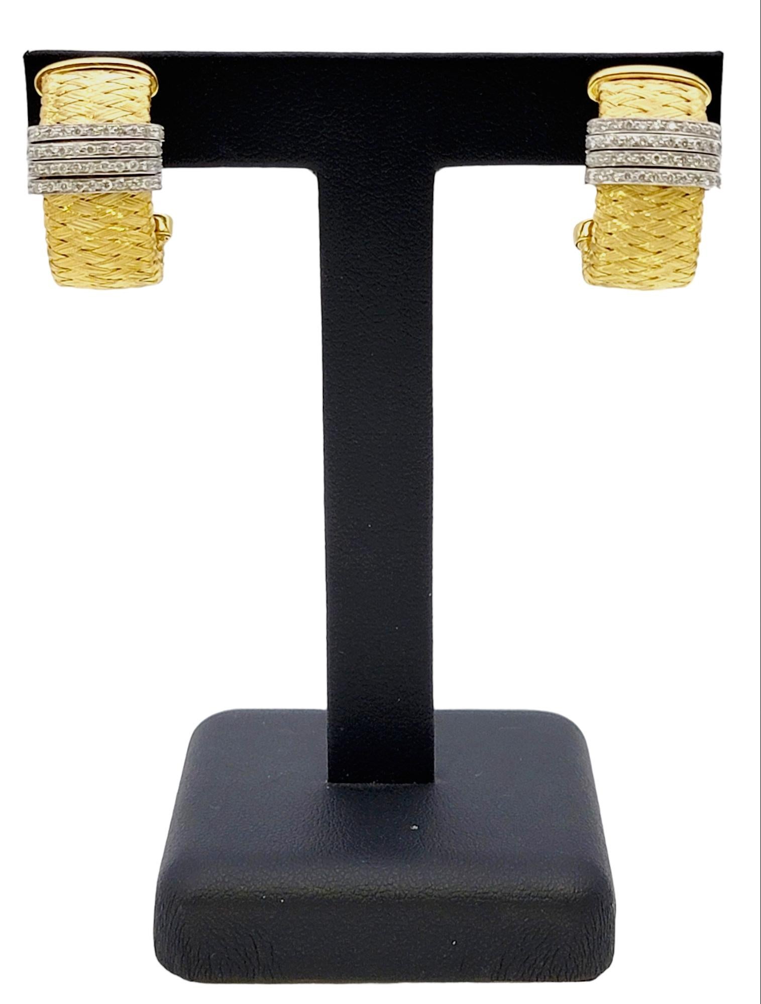 Roberto Coin Woven Mesh 18 Karat Yellow Gold Half Hoop Earrings with Diamonds For Sale 6