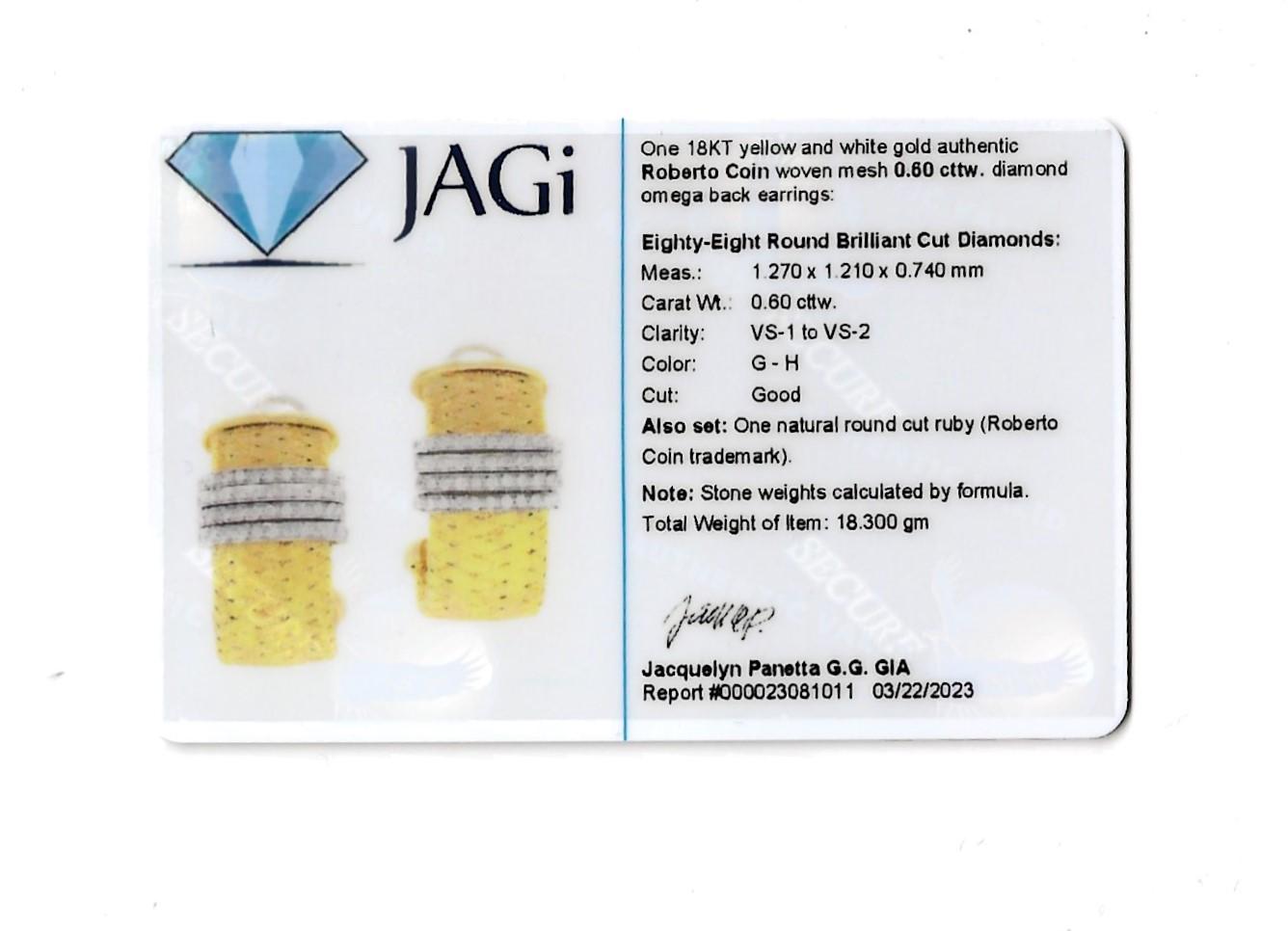 Roberto Coin Woven Mesh 18 Karat Yellow Gold Half Hoop Earrings with Diamonds For Sale 8