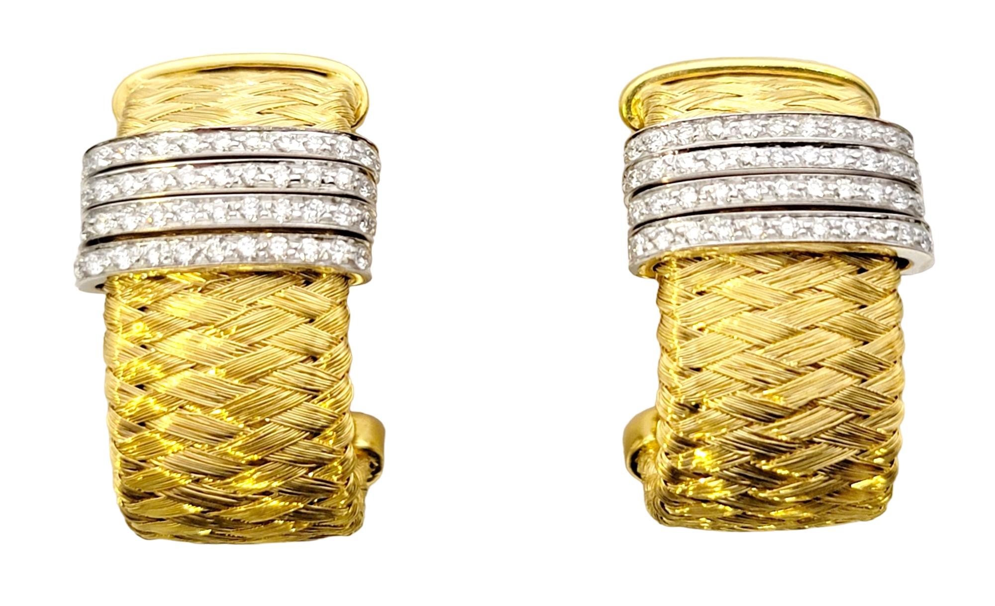 Simple yet stunning 18 karat gold and pave diamond half hoop earring by jewelry designer, Roberto Coin. The striking contrast of the icy white diamonds against the golden hue of the metal allows the diamonds to really pop. The rounded shape gently