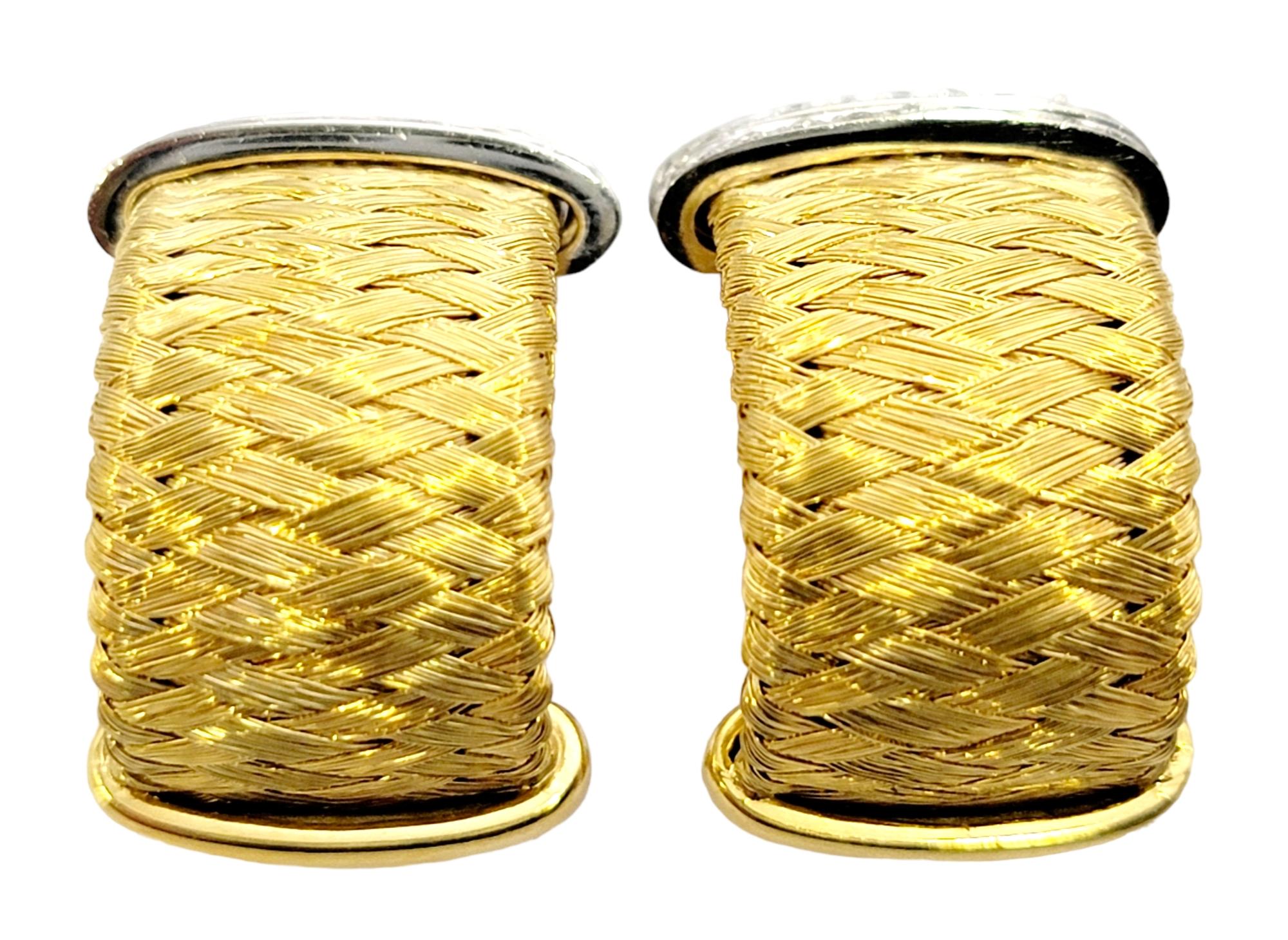 Contemporary Roberto Coin Woven Mesh 18 Karat Yellow Gold Half Hoop Earrings with Diamonds For Sale