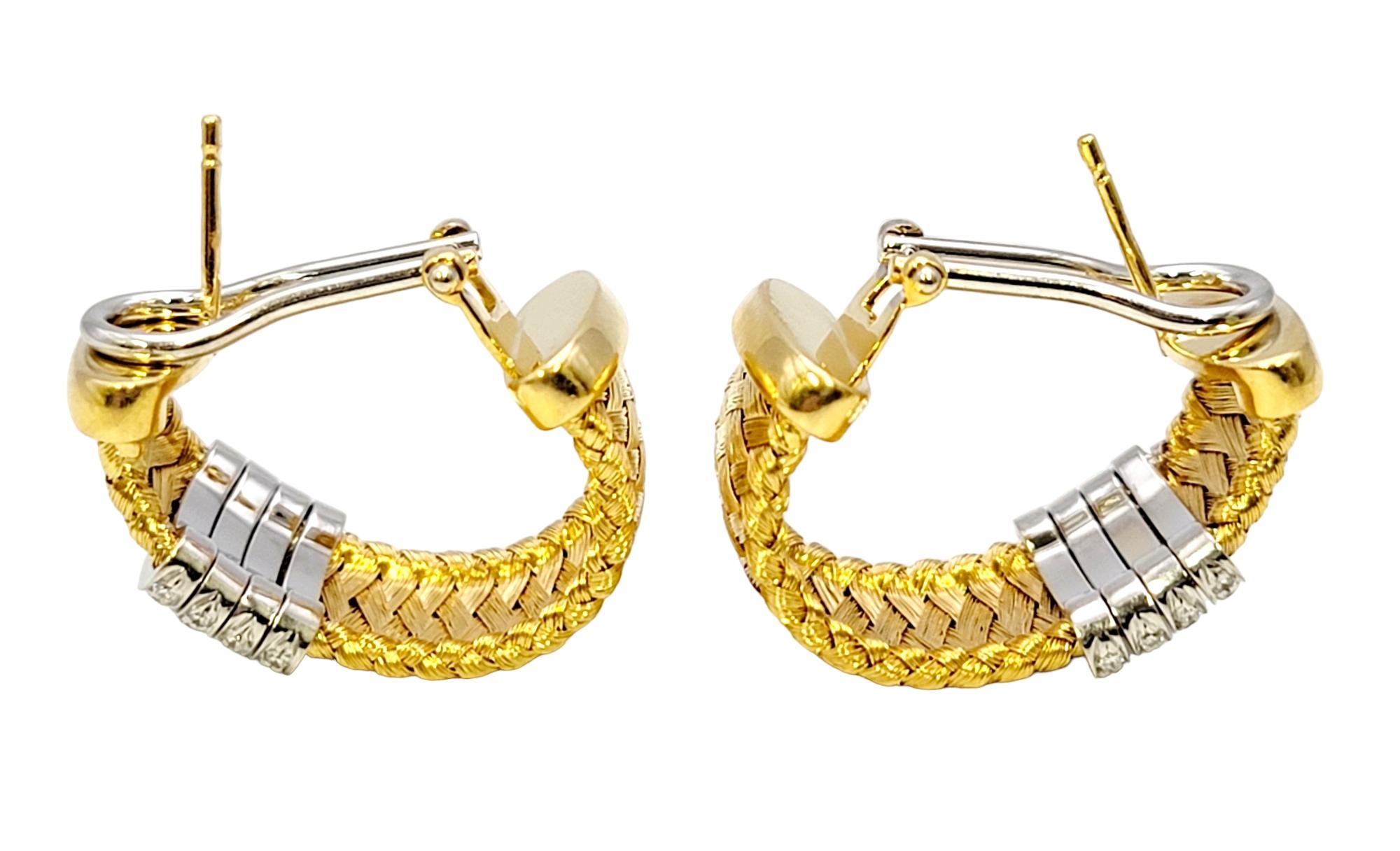 Roberto Coin Woven Mesh 18 Karat Yellow Gold Half Hoop Earrings with Diamonds In Good Condition For Sale In Scottsdale, AZ