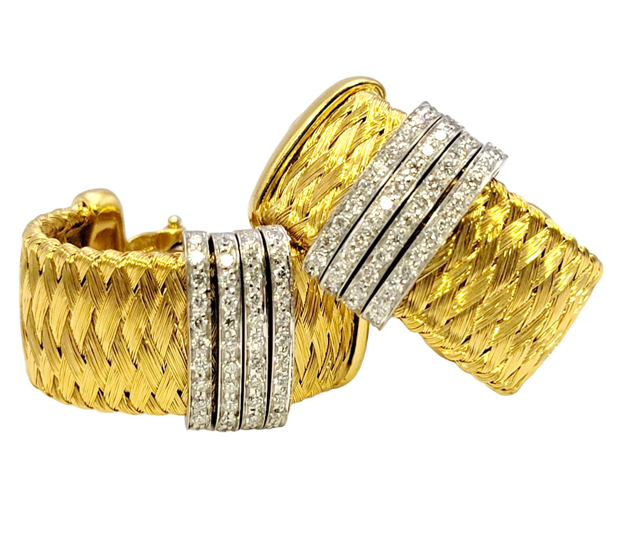 Women's Roberto Coin Woven Mesh 18 Karat Yellow Gold Half Hoop Earrings with Diamonds For Sale