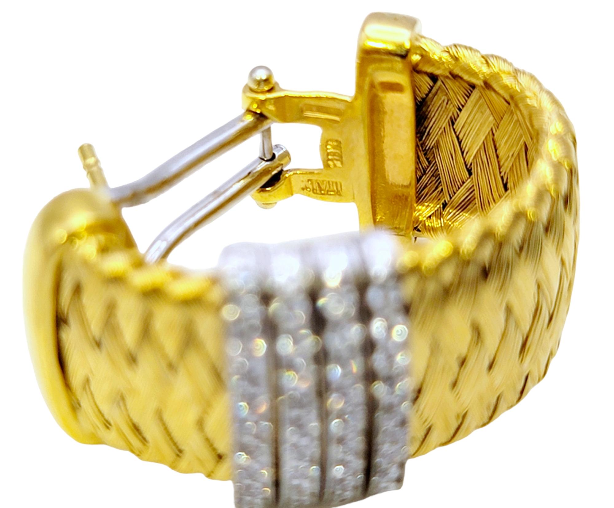Roberto Coin Woven Mesh 18 Karat Yellow Gold Half Hoop Earrings with Diamonds For Sale 1
