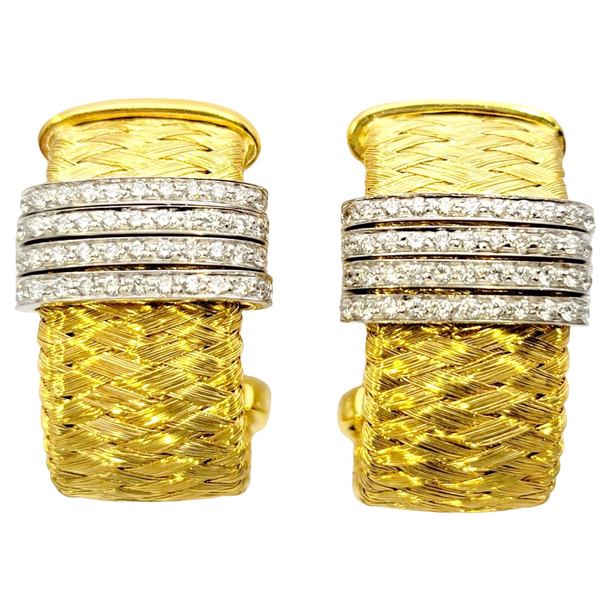 Roberto Coin Woven Mesh 18 Karat Yellow Gold Half Hoop Earrings with Diamonds For Sale