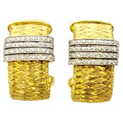 Roberto Coin Woven Mesh 18 Karat Yellow Gold Half Hoop Earrings with Diamonds