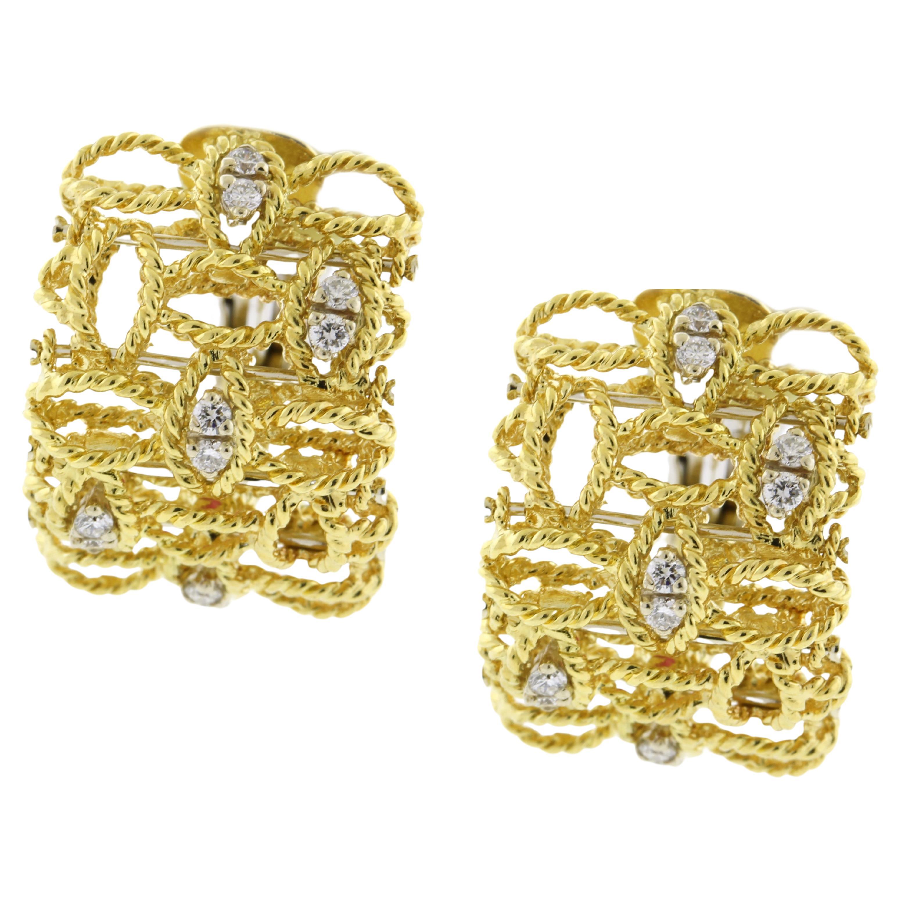Roberto Coin Yellow Gold Barocco Clip Earrings with Diamonds For Sale