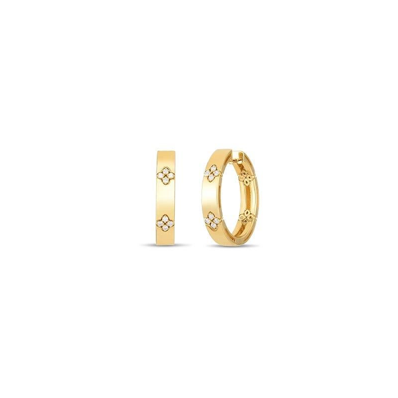 Roberto Coin 18k Yellow Gold Love in Verona 20mm Hoop Earring Diamond flower 
Diamonds 0.12 total weight 
Post with hinge back closure 
8882991AYERX


