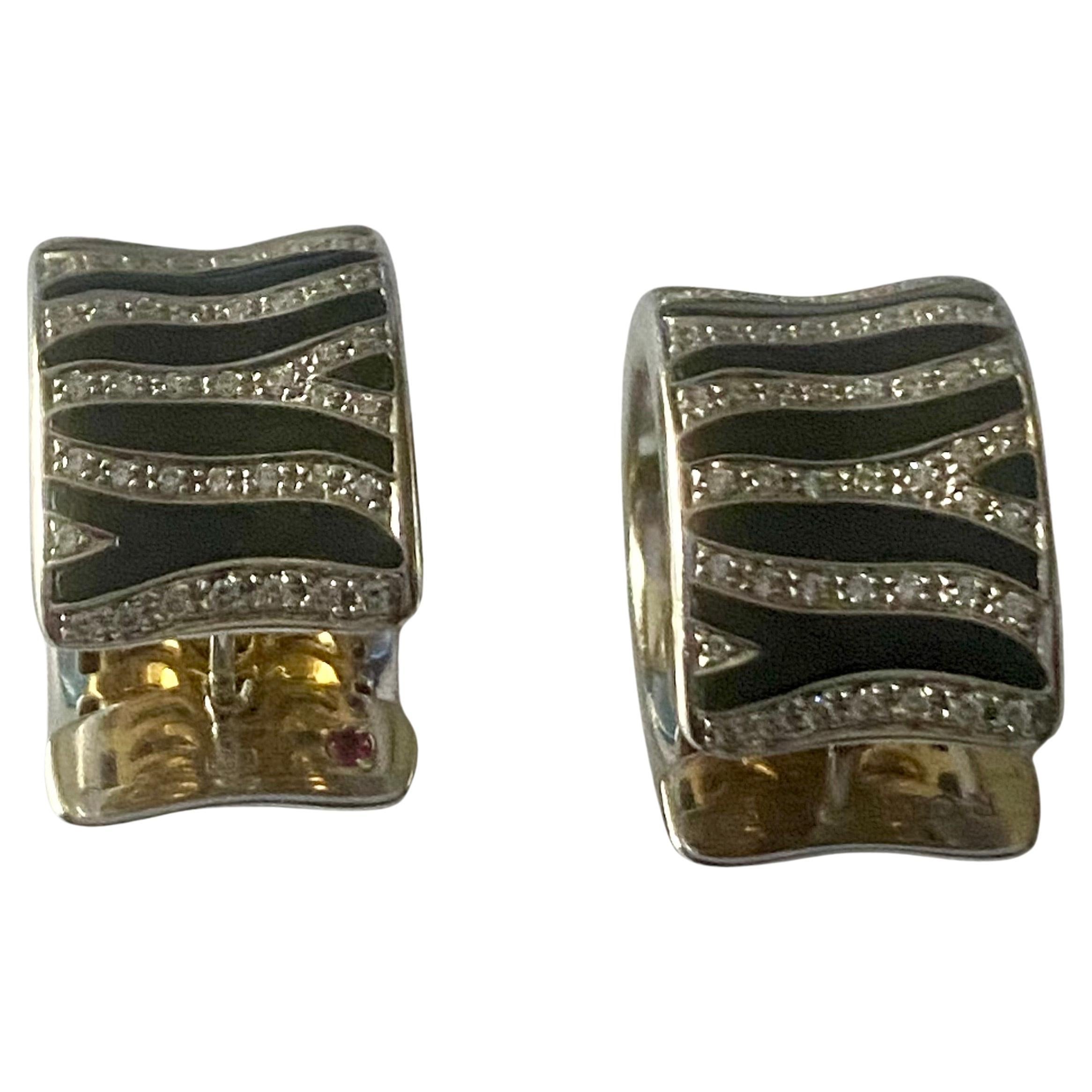 Roberto Coin, collection Zebra, boucles d'oreilles bicolores en or jaune et blanc 18 carats et émail en vente 5