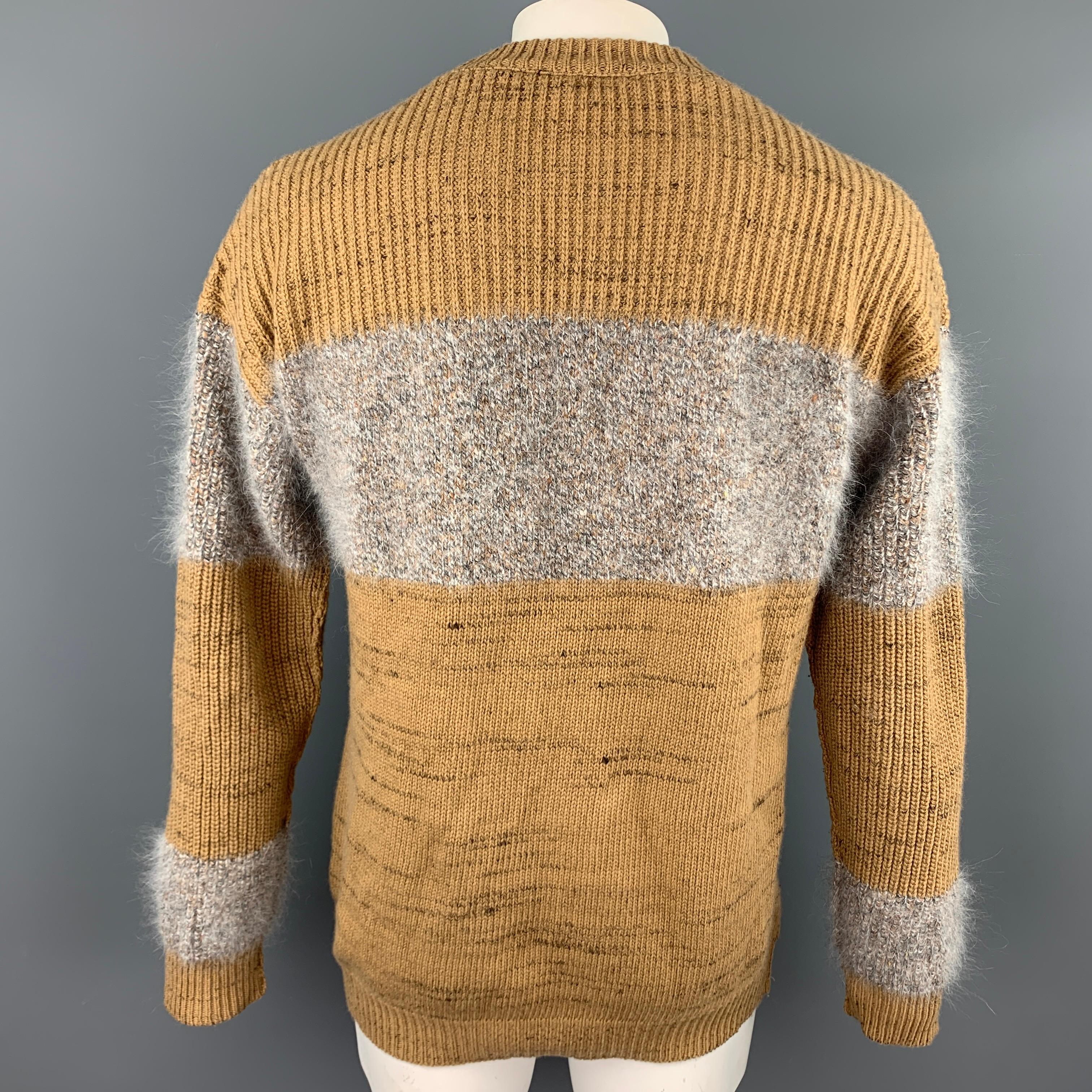 ROBERTO COLLINA Size L Tan & Grey Knitted Wool Blend Crew-Neck Sweater In Good Condition In San Francisco, CA