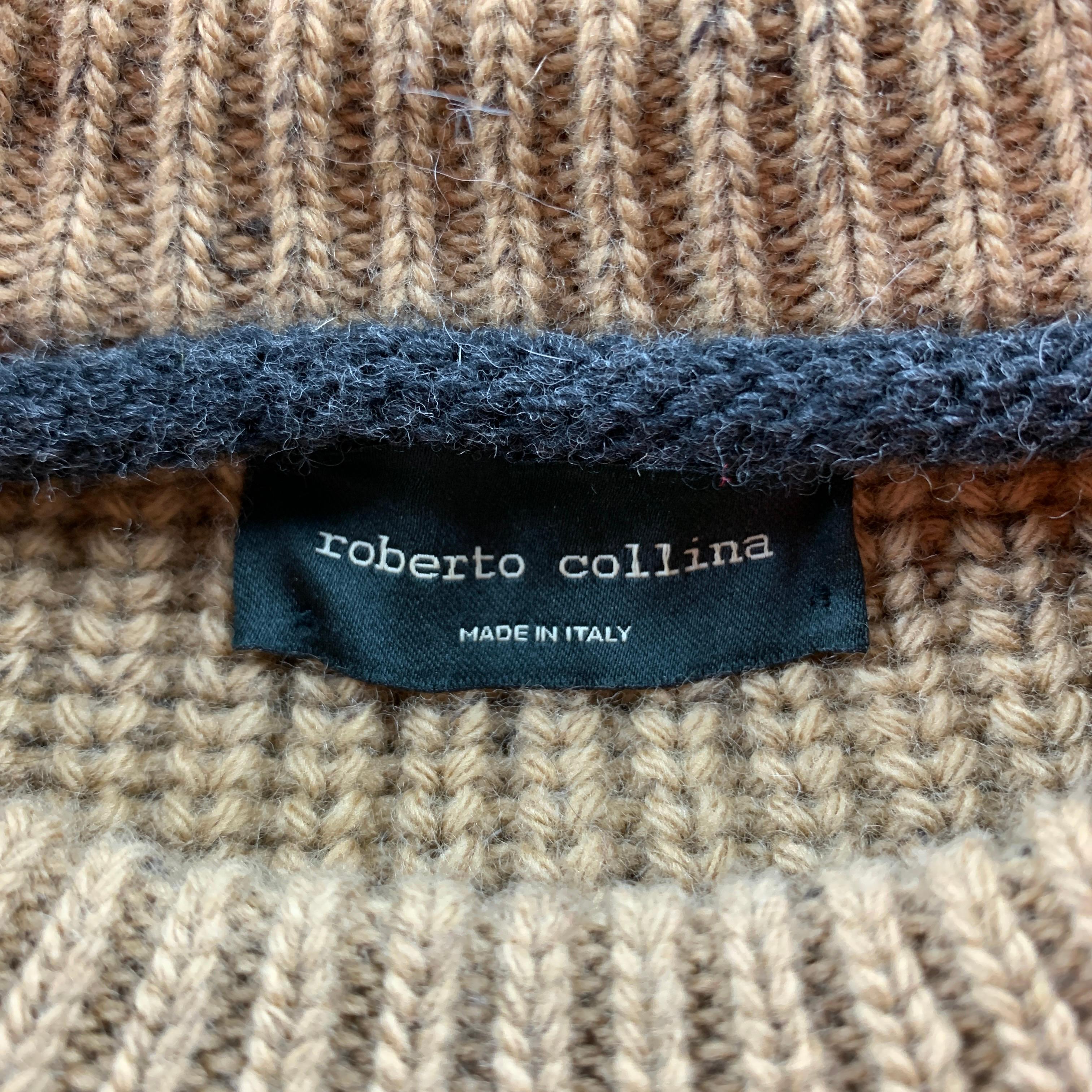 ROBERTO COLLINA Size L Tan & Grey Knitted Wool Blend Crew-Neck Sweater 1