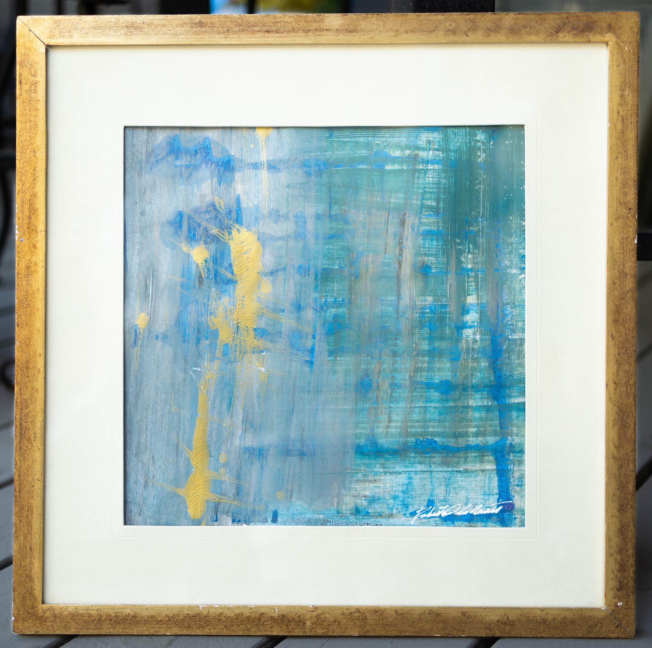 Blue and Green Gestural Abstract with Yellow Accents - Painting by Roberto D la Renta