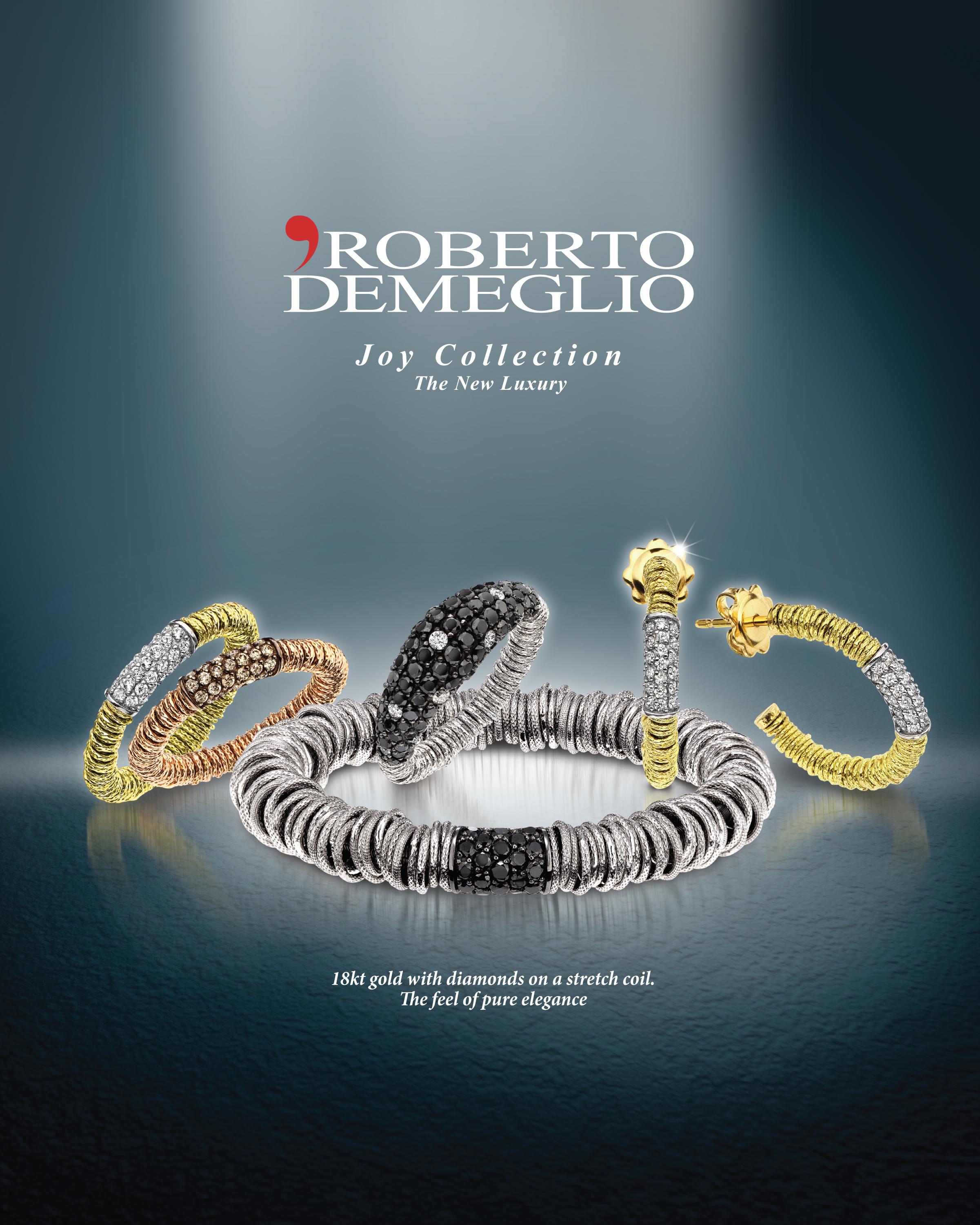 18 karat rose gold stretch bracelet from designer Roberto Demeglio's Joy Collection. The bracelet features hundreds of textured rose gold rings that spin freely around the center spring and chain. There is one rondelle of pave set round cognac or