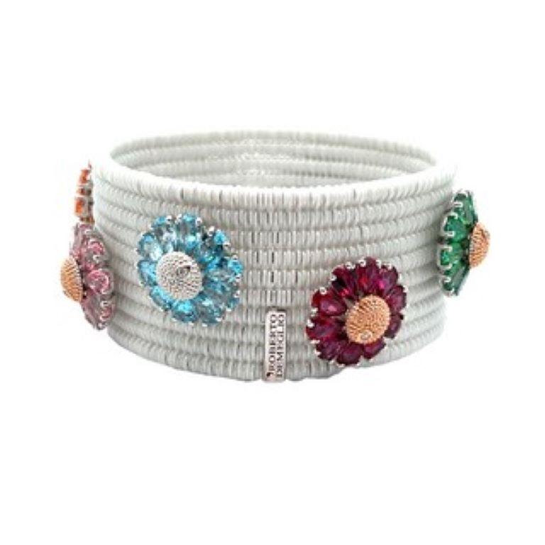 Contemporary Roberto Demeglio White Ceramic expandable bracelet with colored gemstones.