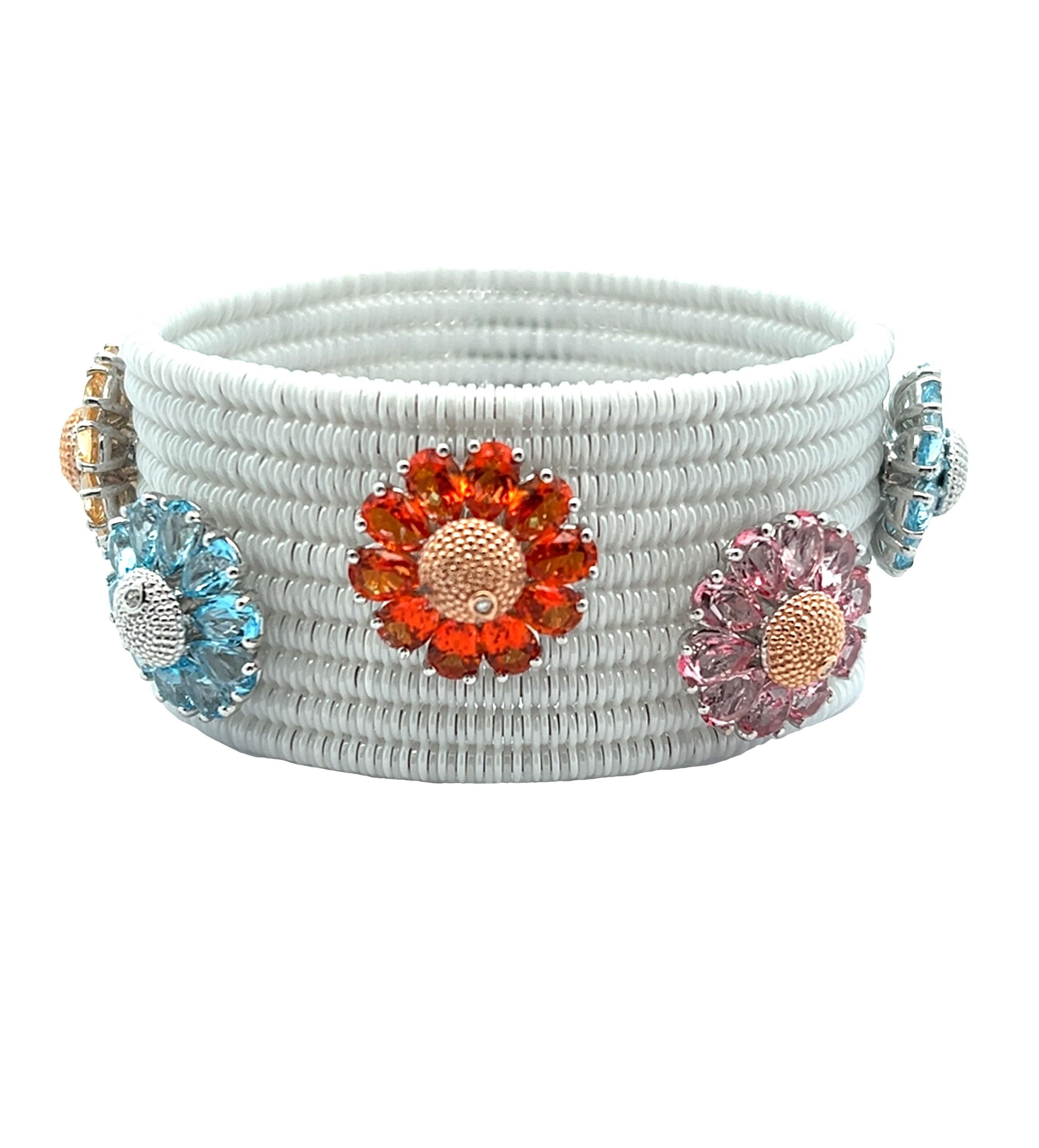 Pear Cut Roberto Demeglio White Ceramic expandable bracelet with colored gemstones.