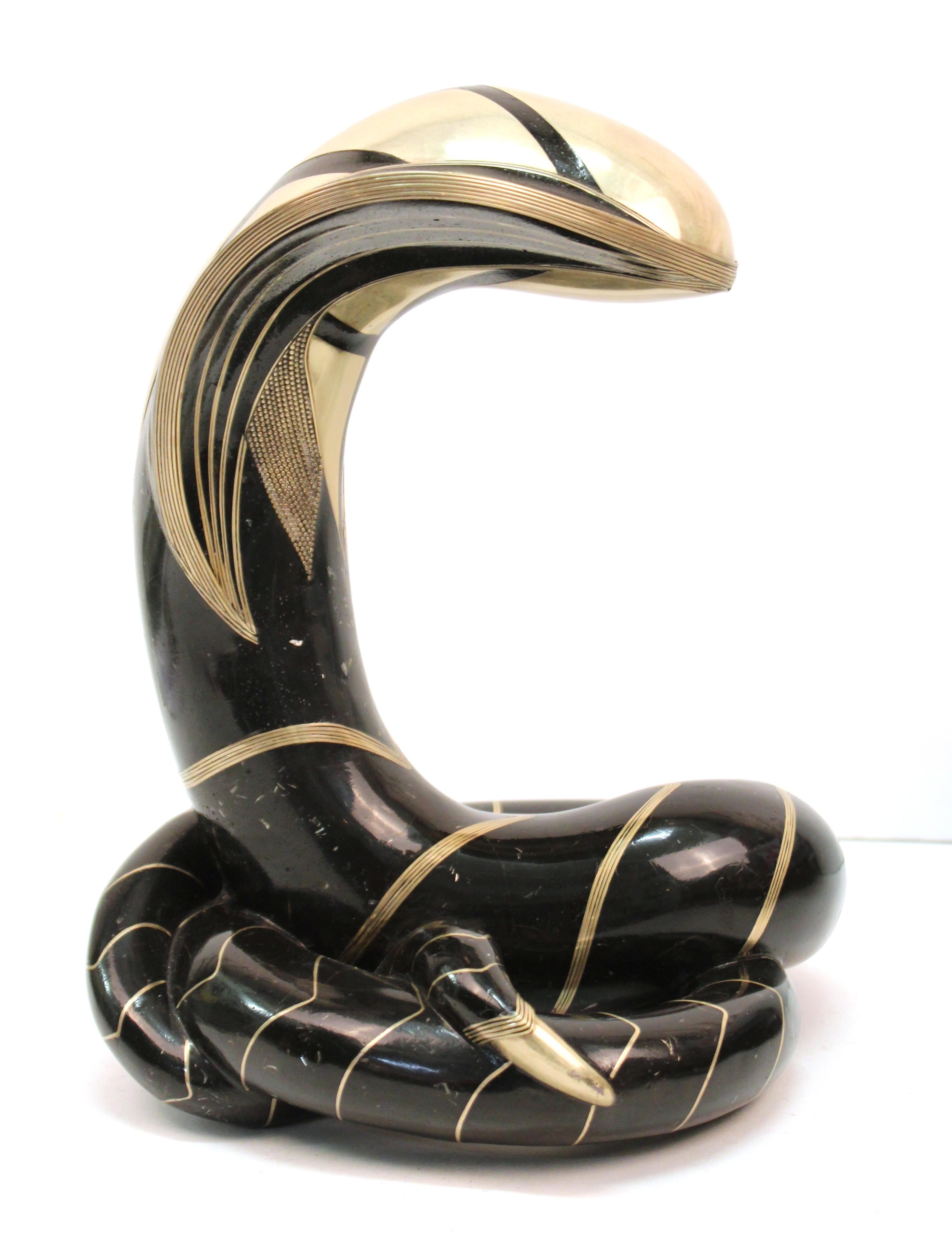 American Roberto Estevez Modern 'Cobra' Bronze Sculpture with Silver and Brass Inlay