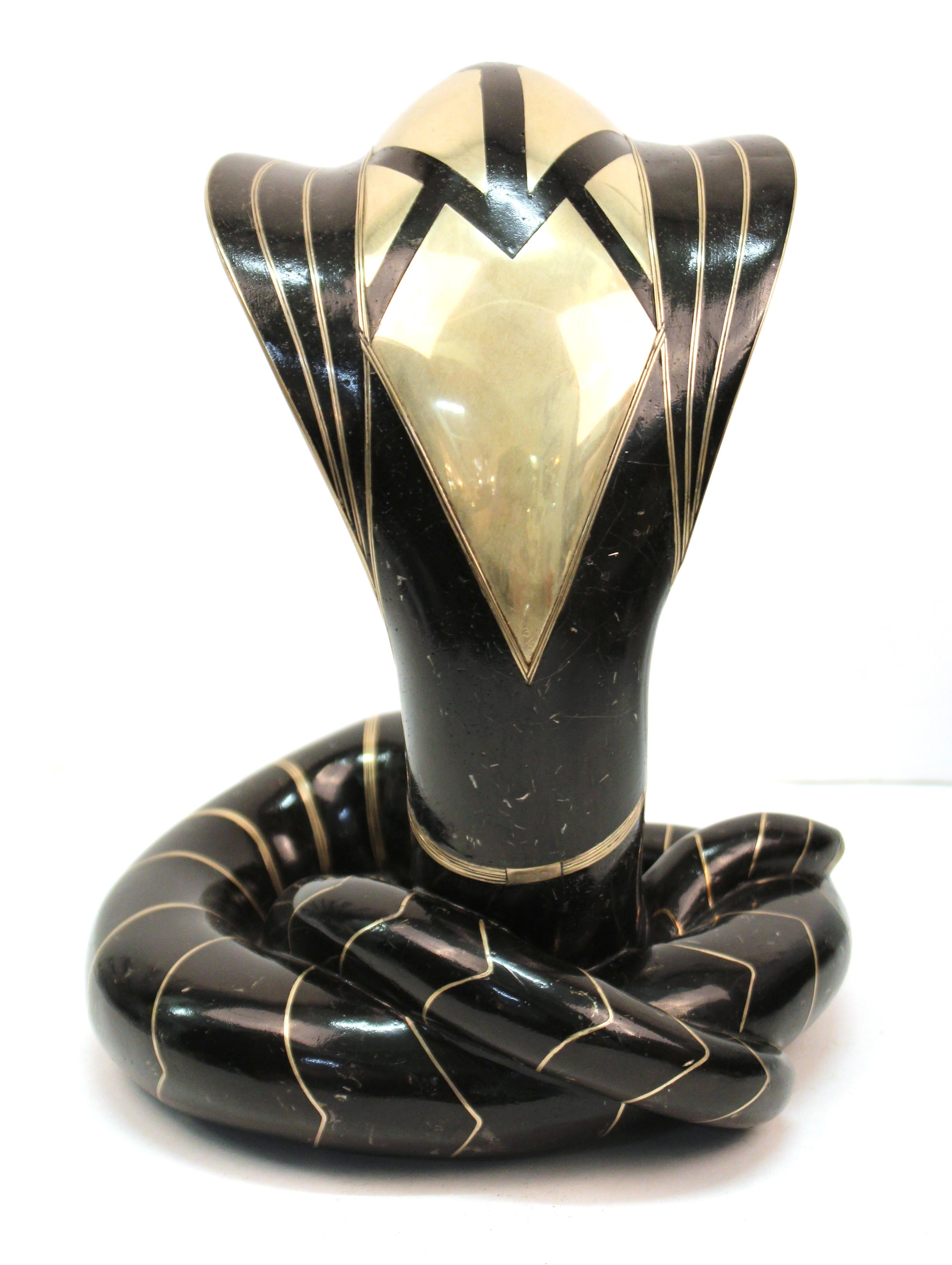 Roberto Estevez Modern 'Cobra' Bronze Sculpture with Silver and Brass Inlay In Good Condition In New York, NY