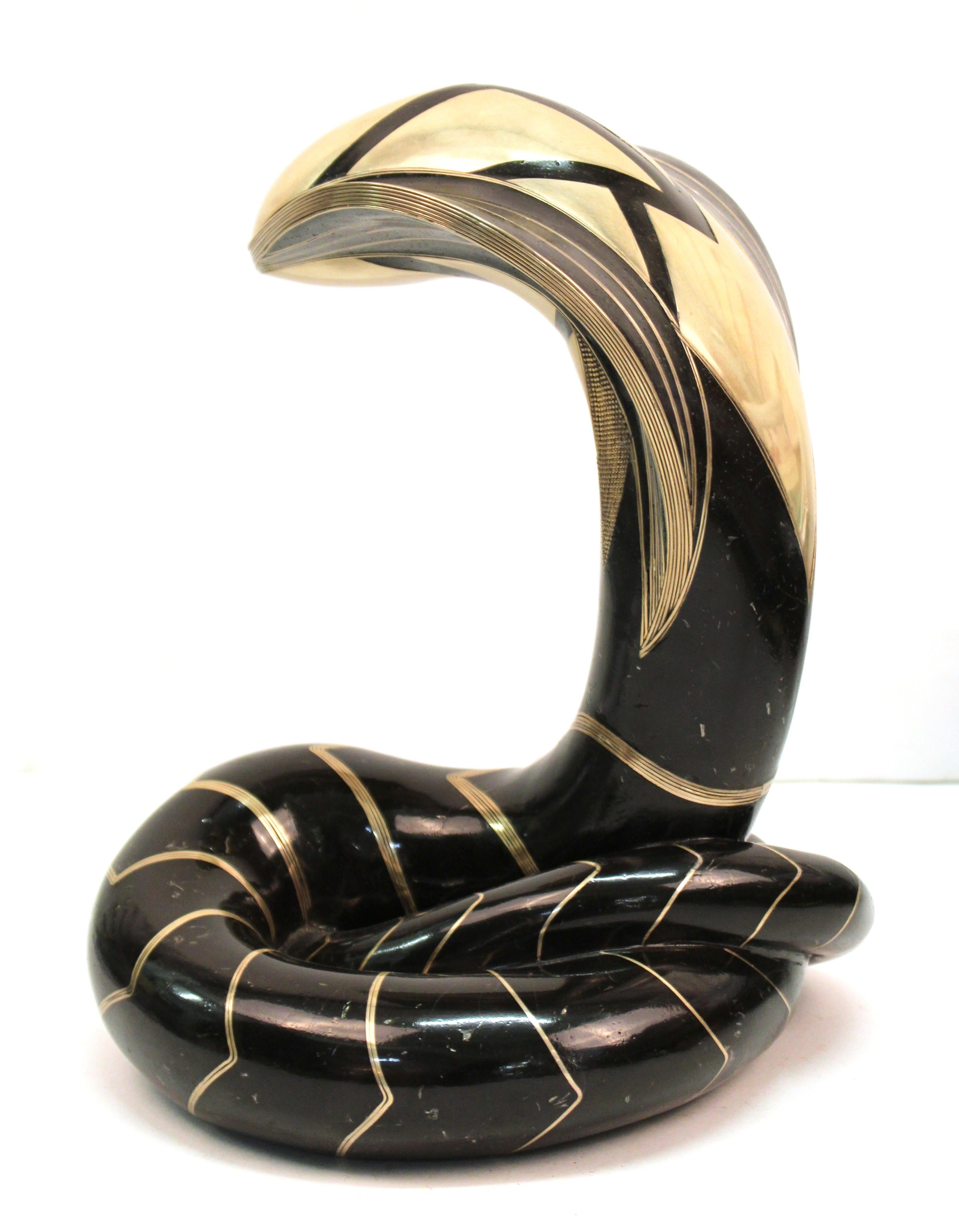 Late 20th Century Roberto Estevez Modern 'Cobra' Bronze Sculpture with Silver and Brass Inlay